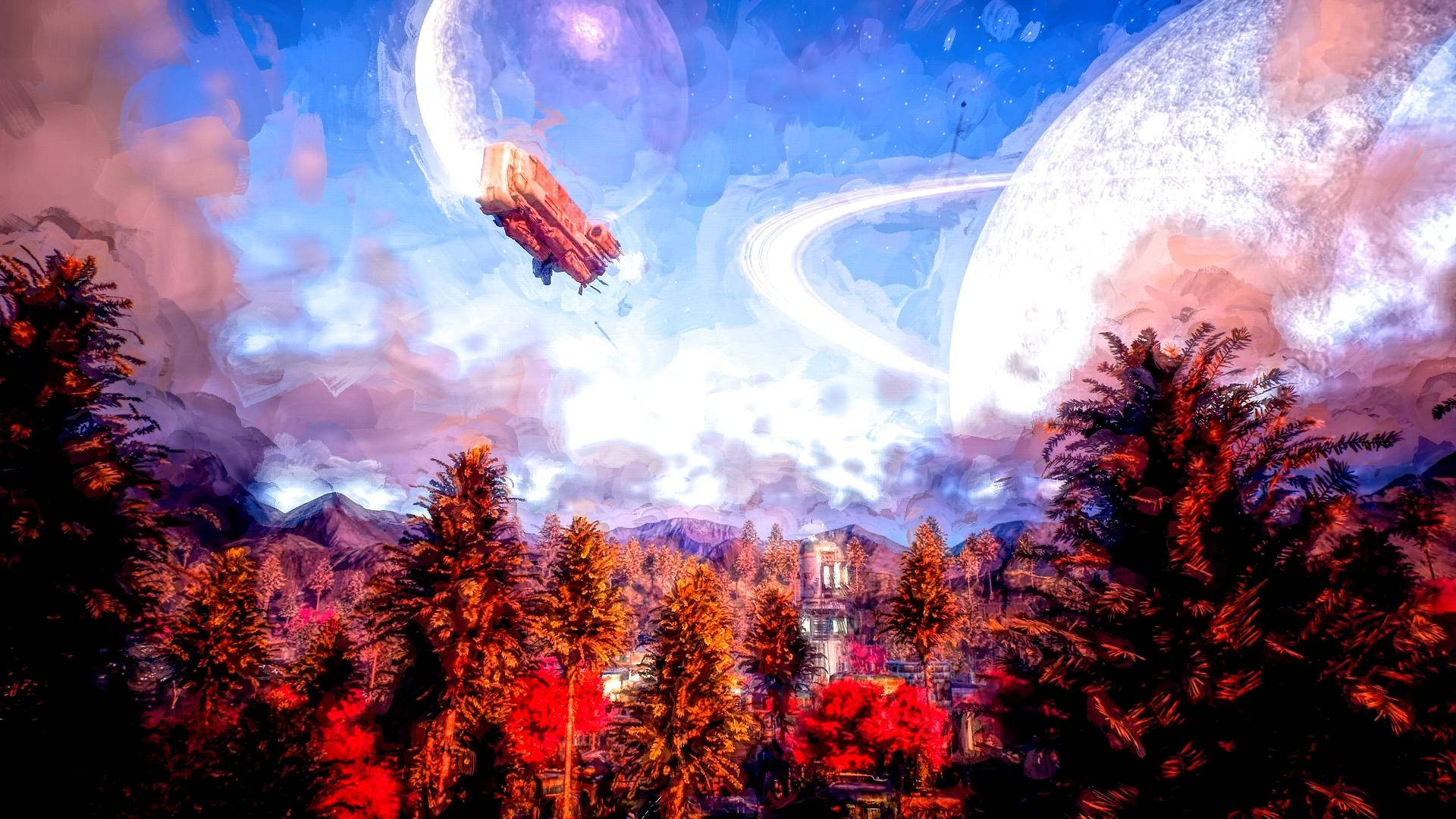The Outer Worlds 桌布 壁紙 — 一艘太空船在巨大月球之間飛行，飛越森林覆蓋的山城，下方是充滿活力的宇宙天空。