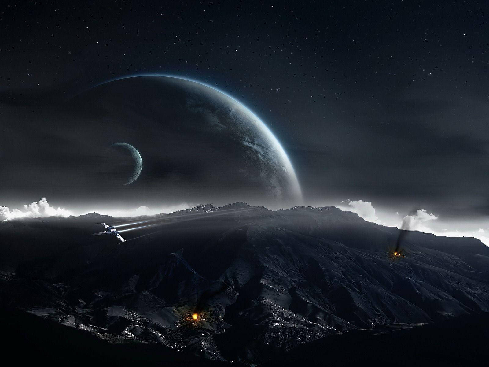 一艘太空船在繁星點點的夜空中，在兩顆發光行星下翱翔於外星山脈之上。 — 深藍色美學動圖 壁紙