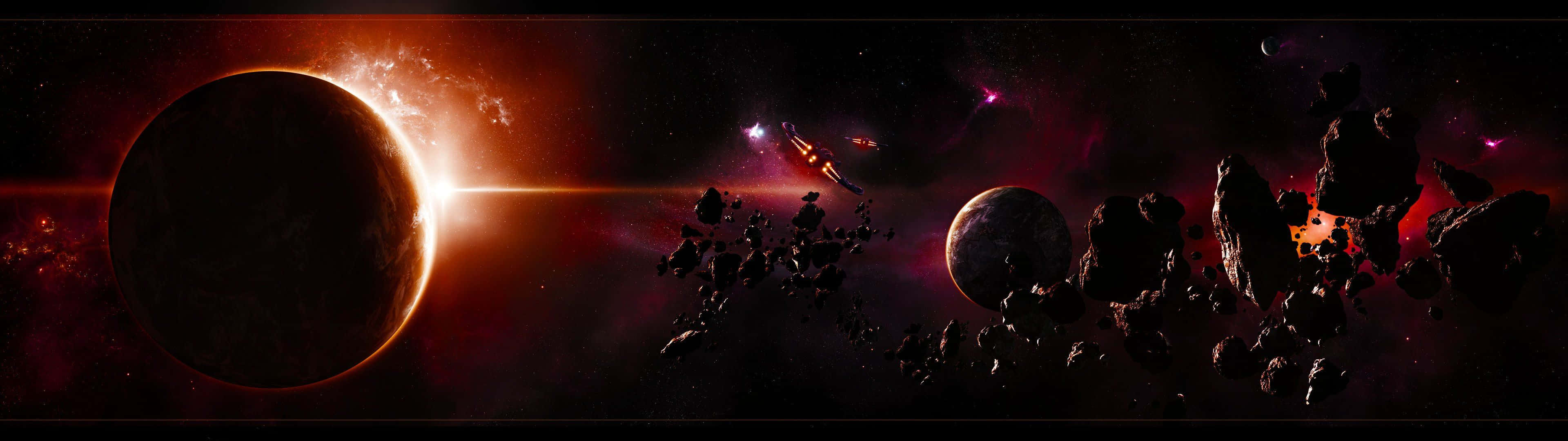 高清 桌布 壁紙 — 一艘太空船在星光燦爛的宇宙背景下，穿過一個熾熱的小行星帶，靠近一顆發光的紅色行星。