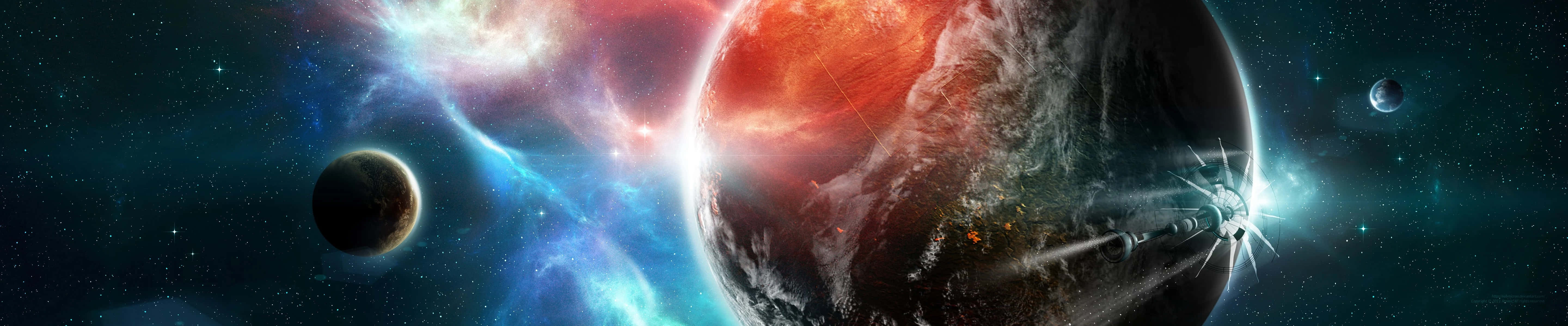 太陽系 桌布 壁紙 — 一艘太空船在深空中掠過一顆火紅色的行星，周圍是旋轉的宇宙雲和遙遠的星星。