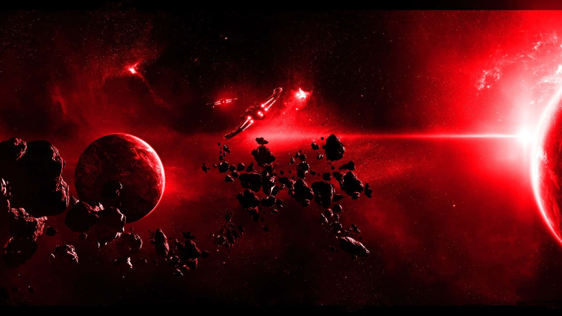 Red Space 桌布 壁紙 — 一艘太空船在深空中穿越充滿小行星和發光紅色行星的深紅色星雲。