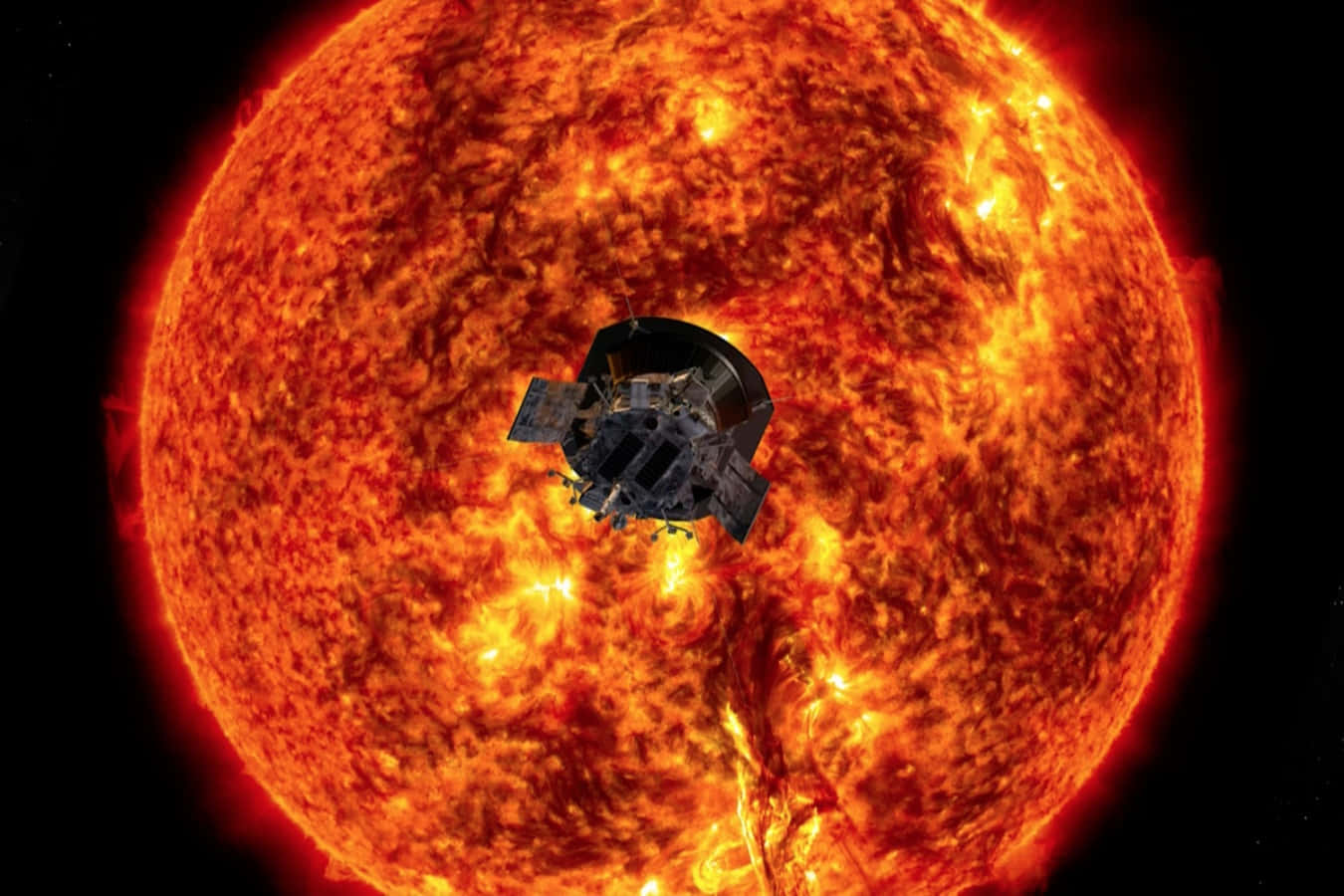 NASA 動態圖片 桌布 壁紙 — 一艘太空船在熾熱的太陽表面軌道上運行，周圍是發光的太陽耀斑和湍急的橙色等離子體。