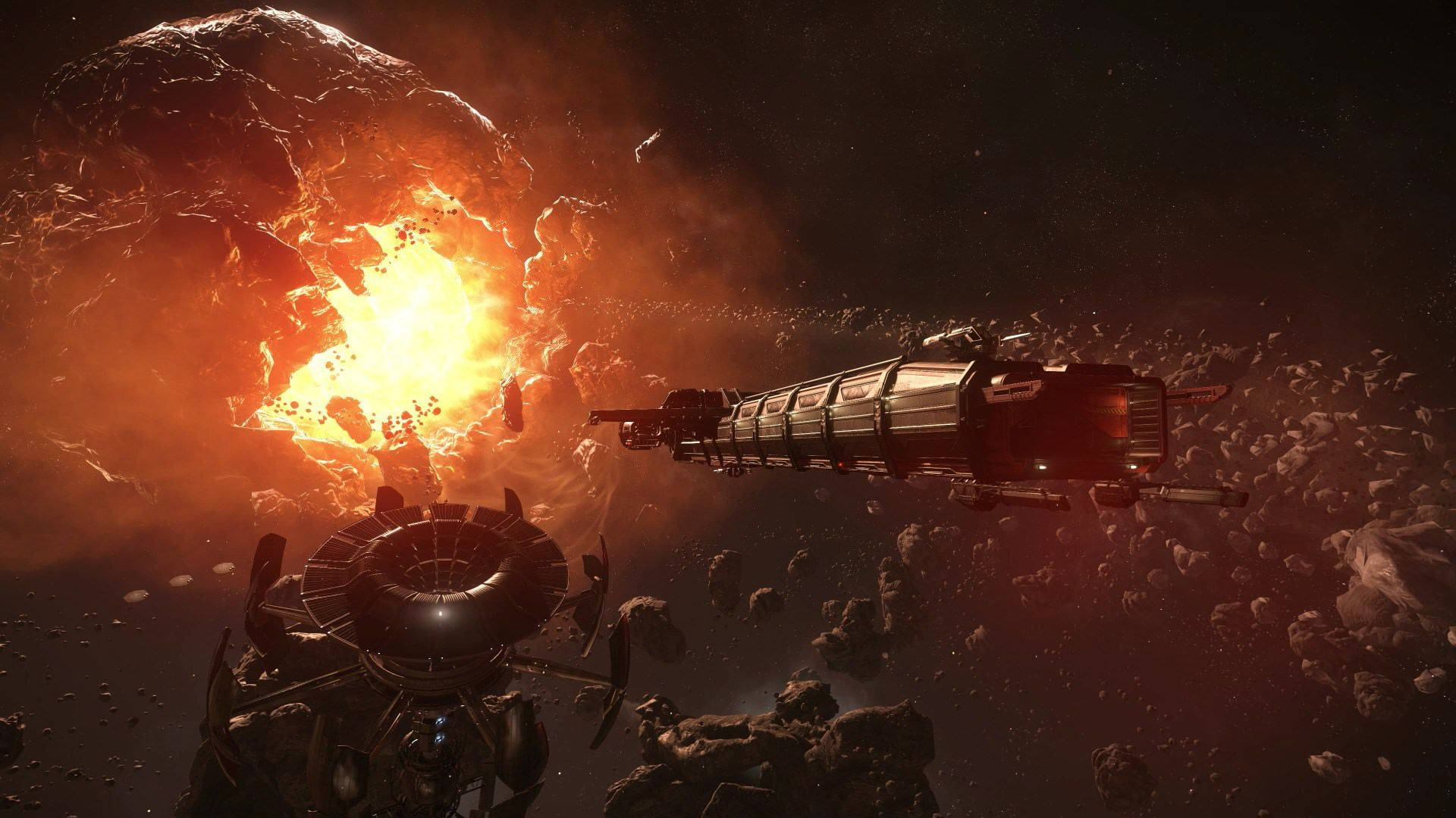 Star Citizen 桌布 壁紙 — 一艘太空船在熾熱的小行星帶中航行，巨大的爆炸照亮了黑暗的宇宙。