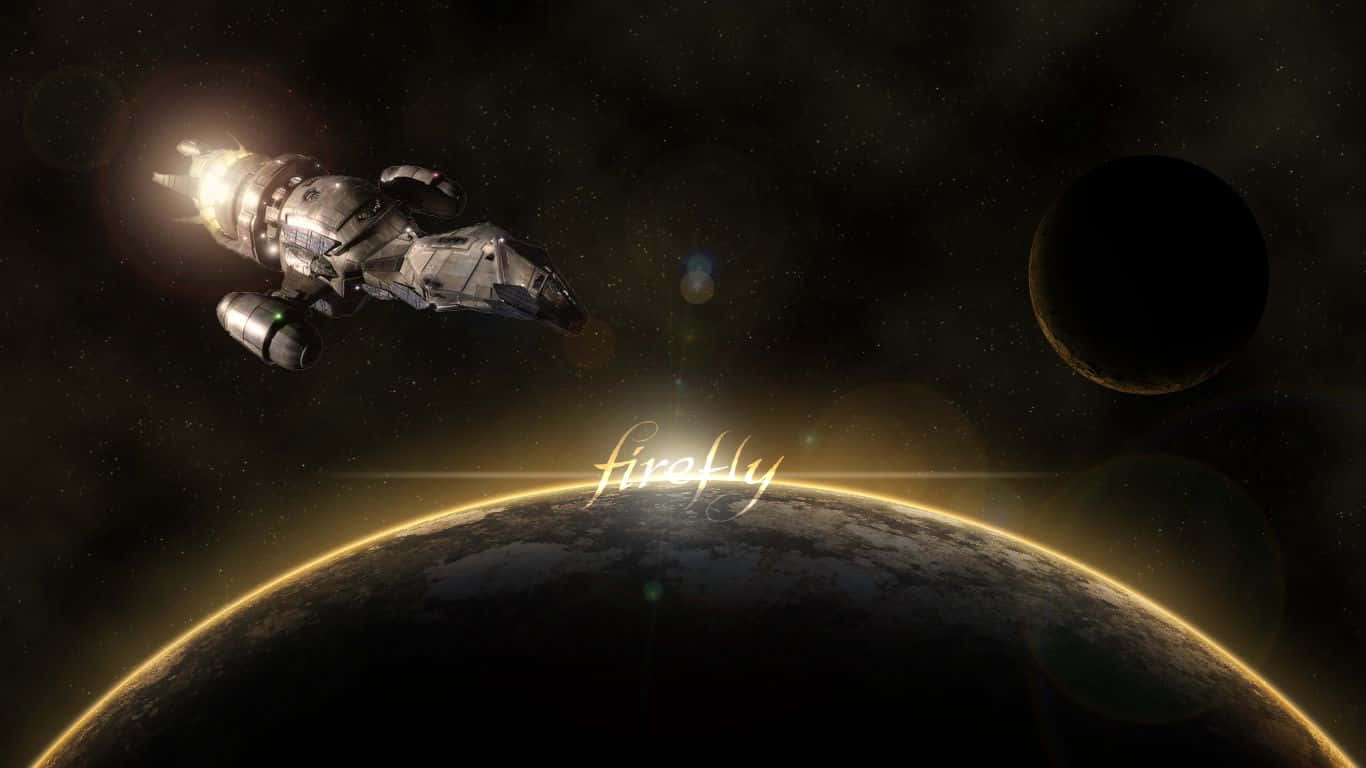 桌布 壁紙 — 一艘太空船在繁星虛空中滑過一顆發光的行星，旁邊有一顆黑暗的衛星。