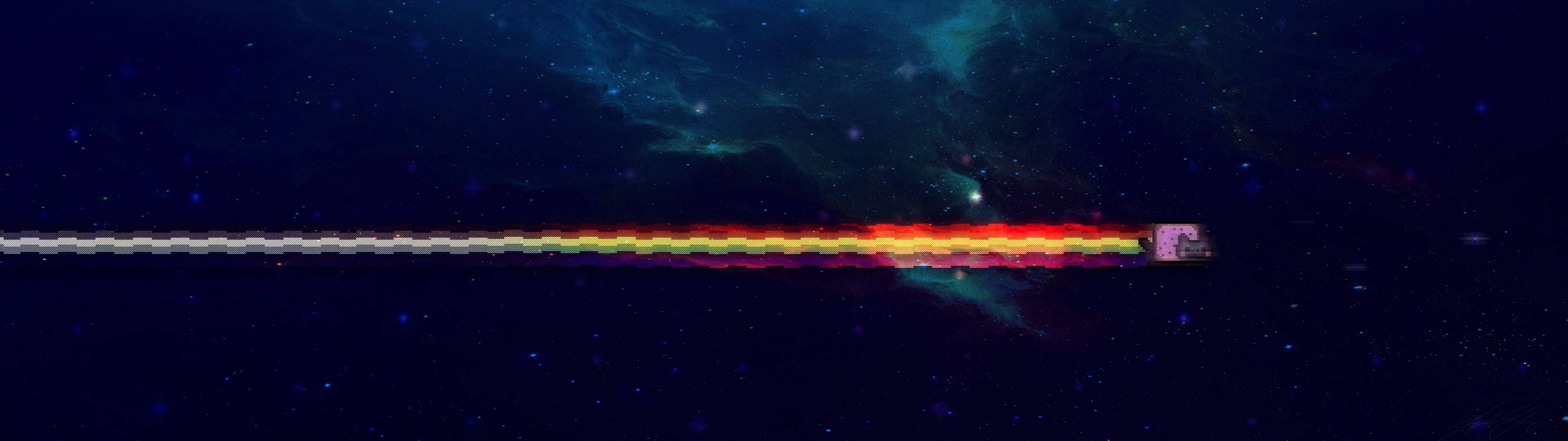 Dual 桌布 壁紙 — 一艘太空船在繁星點點的宇宙虛空中留下一道充滿活力的彩虹軌跡，周圍有發光的星雲。