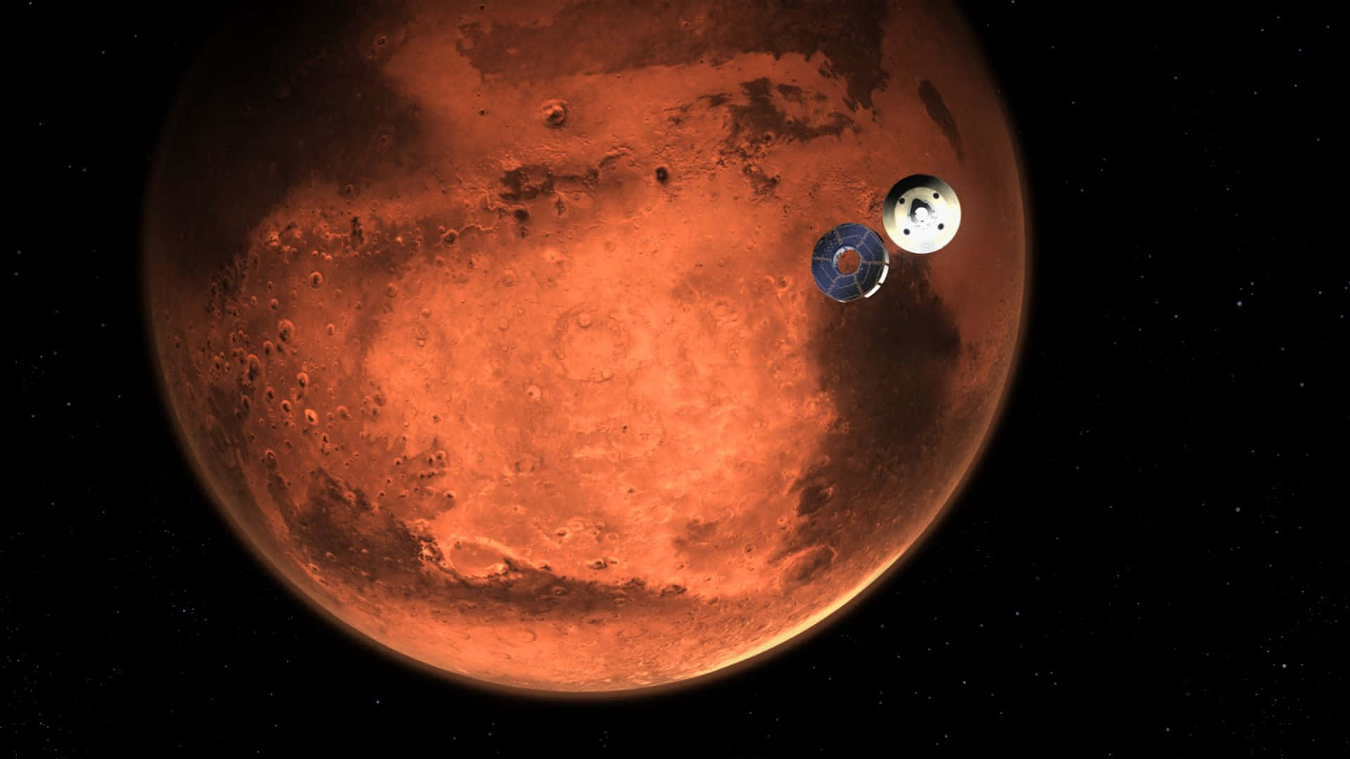 Mars Planet 桌布 壁紙 — 一艘太空船在繁星點點的黑色虛空中繞著鏽紅色的火星運行。