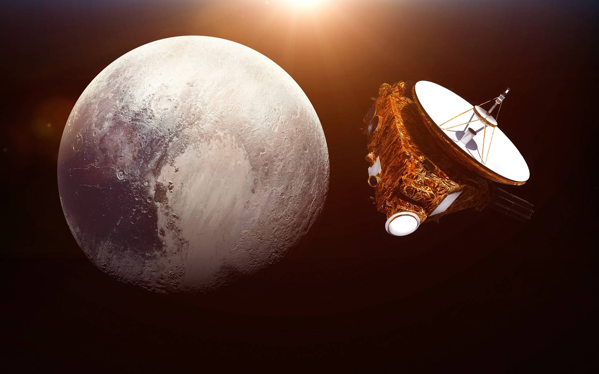 地球 桌布 壁紙 — 一艘太空船掠過冥王星，陽光以溫暖的金色光芒沐浴著這顆矮行星，映襯著太空的黑色虛空。