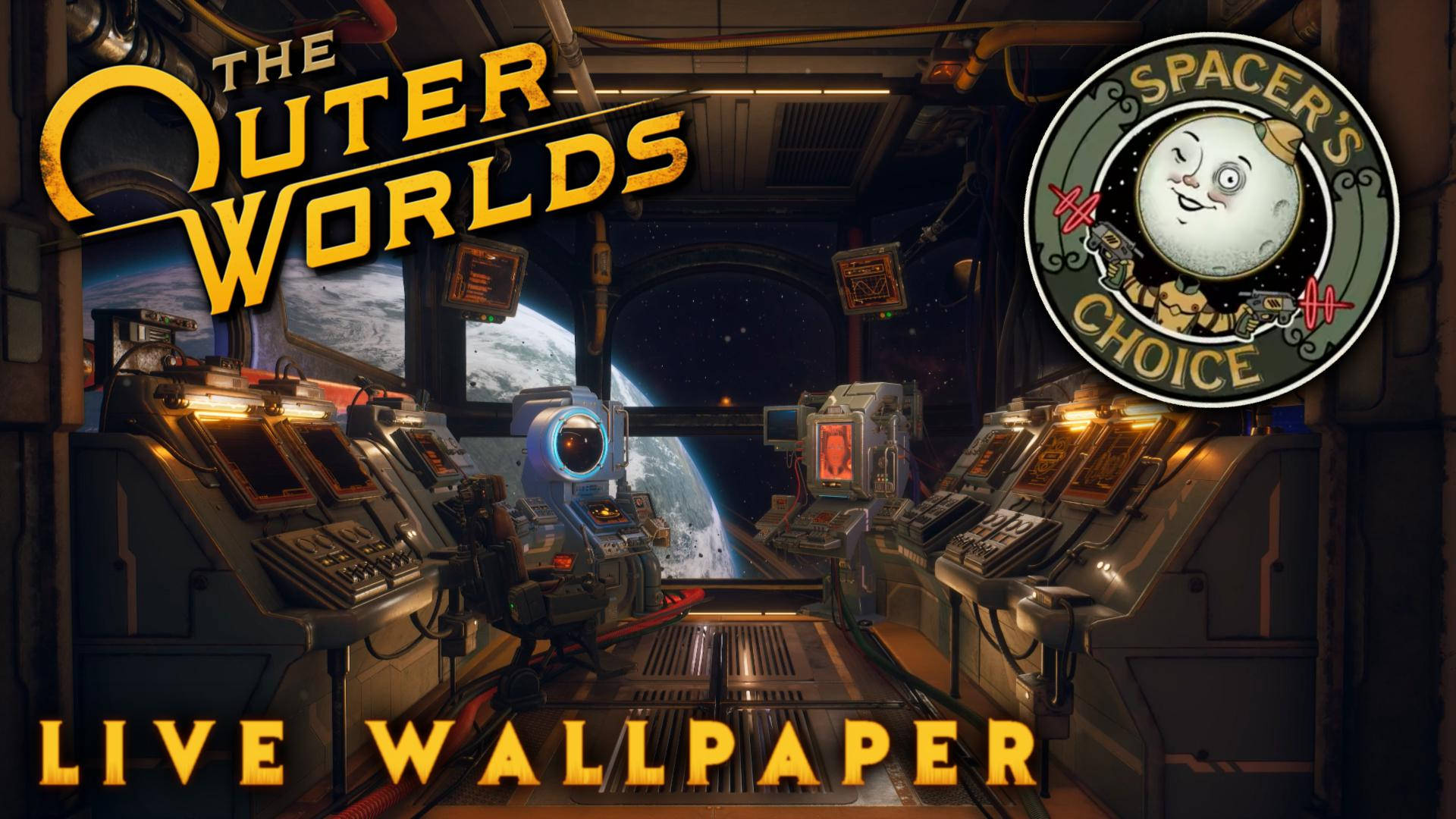 The Outer Worlds 桌布 壁紙 — 一艘太空船的駕駛艙，帶有發光的控制裝置，透過窗戶可以看到地球，下方是《The Outer Worlds》的標題。