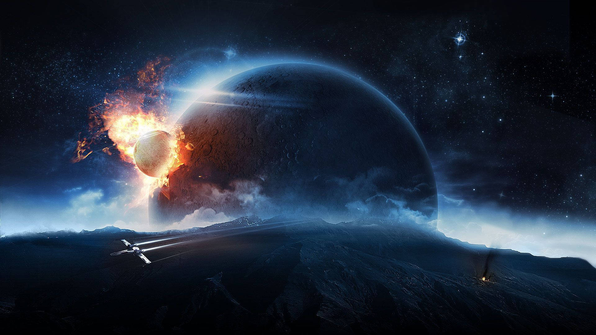 high 桌布 壁紙 — 一艘太空船飛越崎嶇的外星景觀，同時一個熾熱的天體與一顆巨大的行星在繁星點點的宇宙天空中相撞。