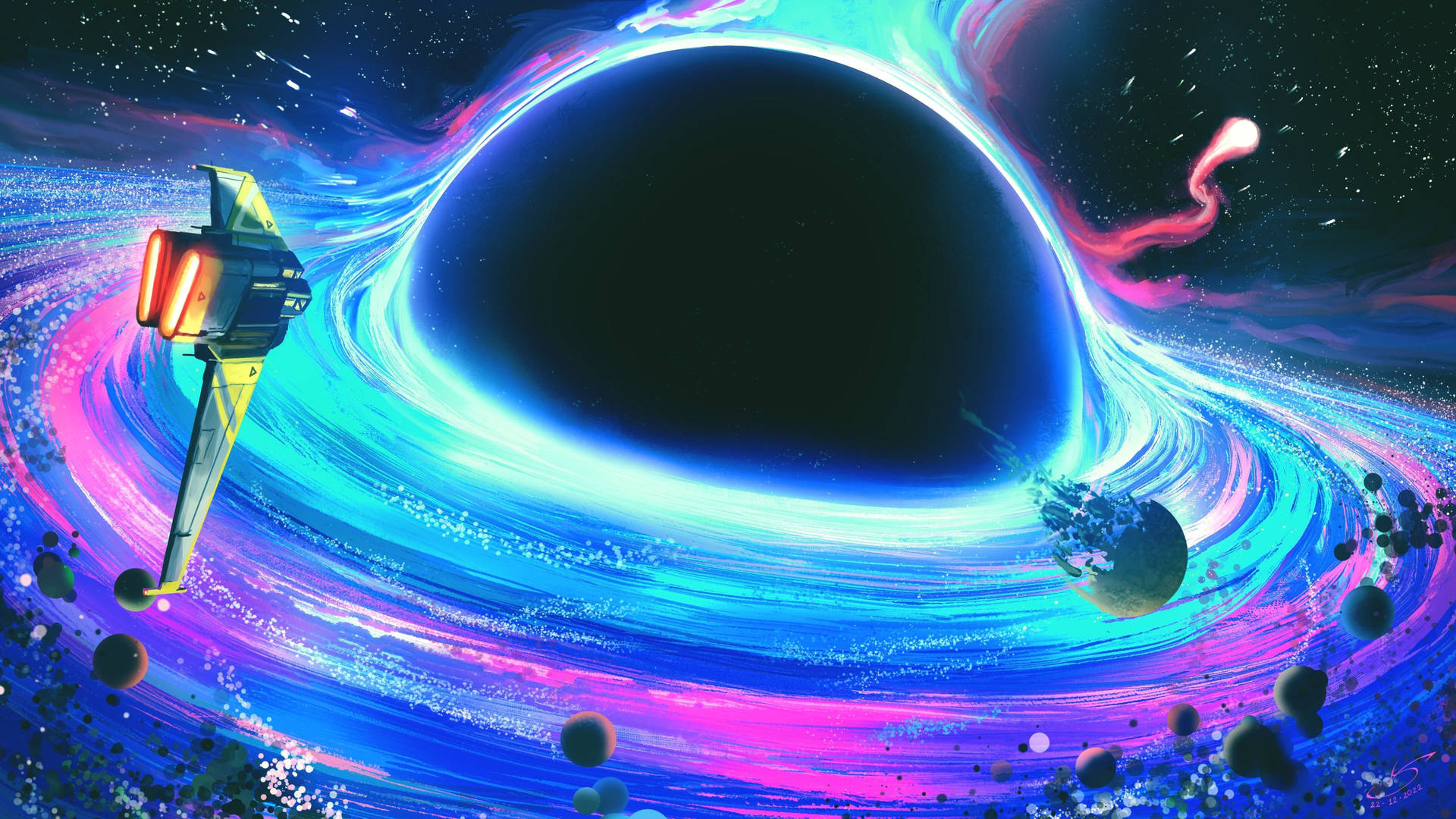 太空船靠近帶有旋轉星雲和漂浮行星的宇宙漩渦 — 黑洞 GIF 壁紙