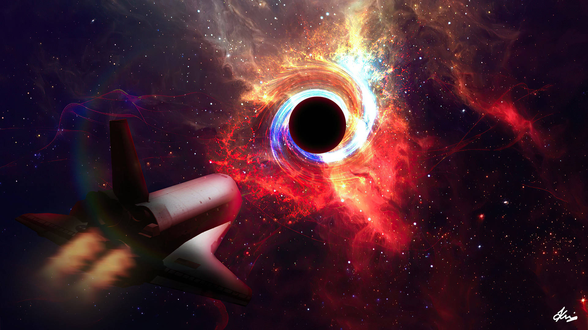 太空船靠近帶有發光吸積盤和彩色星雲的黑洞。 — 黑洞 GIF 壁紙