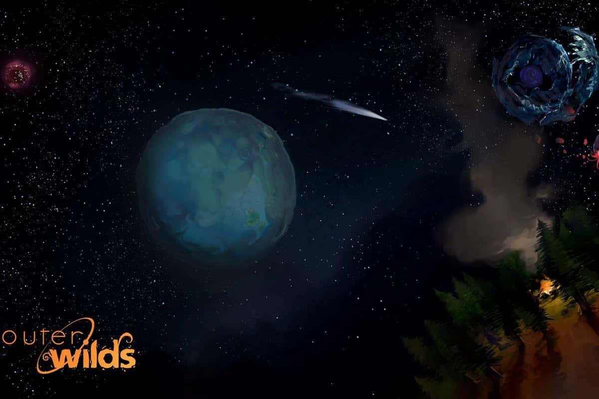 外太空 桌布 壁紙 — 一艘太空船飛過一顆藍色星球，周圍是星光點點的虛空，附近有發光的外星植物和旋轉的星雲。