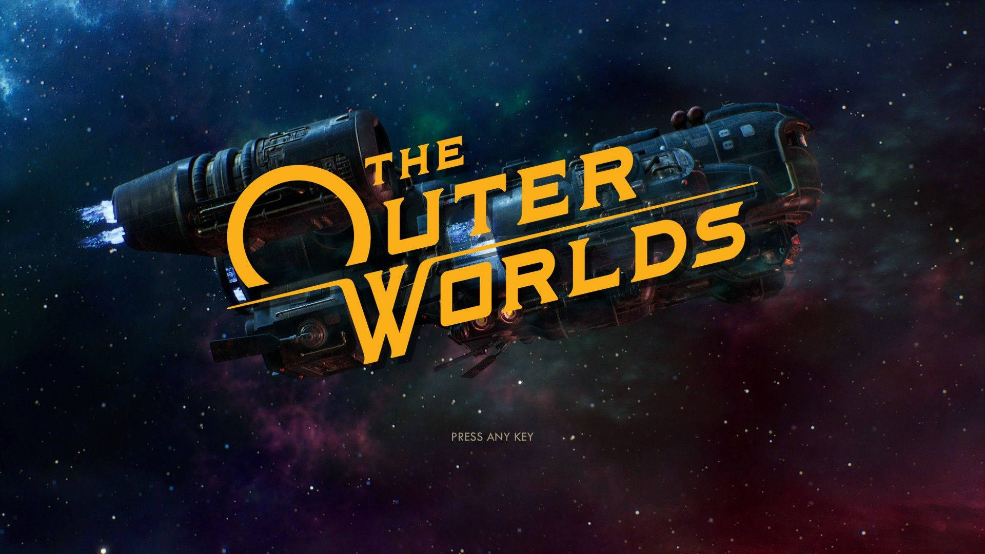 The Outer Worlds 桌布 壁紙 — 一艘太空船飛過佈滿星星的星雲，帶有發光的橙色標題文字「The Outer Worlds」。