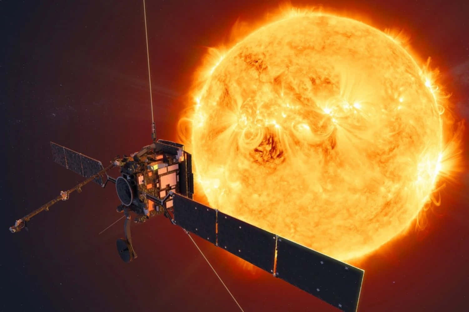 NASA 動態圖片 桌布 壁紙 — 一艘太陽觀測太空船在熾熱的太陽附近軌道運行，太陽耀斑從其表面噴發。