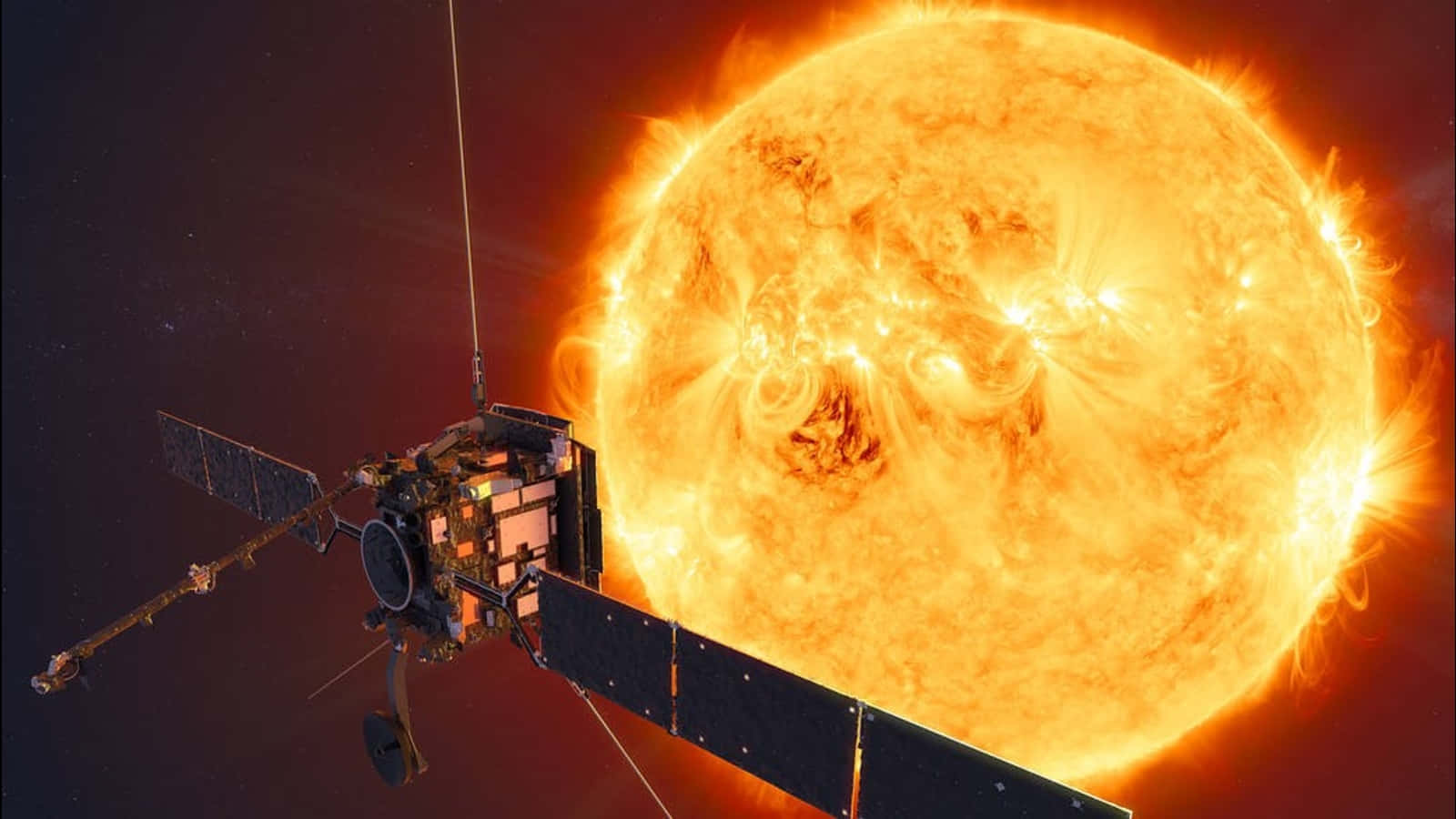 太陽 桌布 壁紙 — 一艘太陽觀測太空船在熾熱的太陽附近軌道運行，太陽耀斑從其表面噴發。