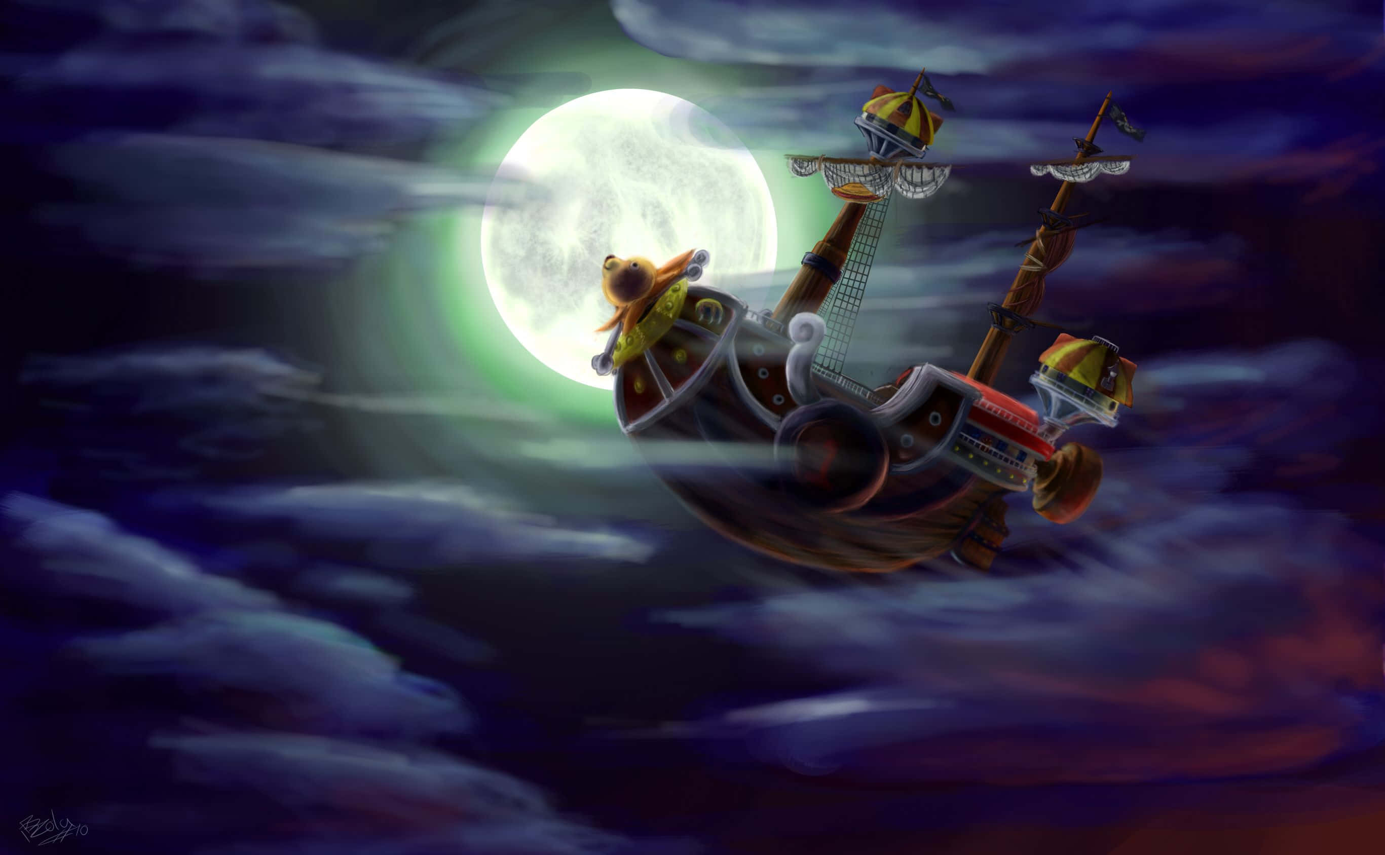 Thousand Sunny 桌布 壁紙 — 一艘奇幻海盜船在奇幻夜空中，於發光的滿月下穿過烏雲航行。