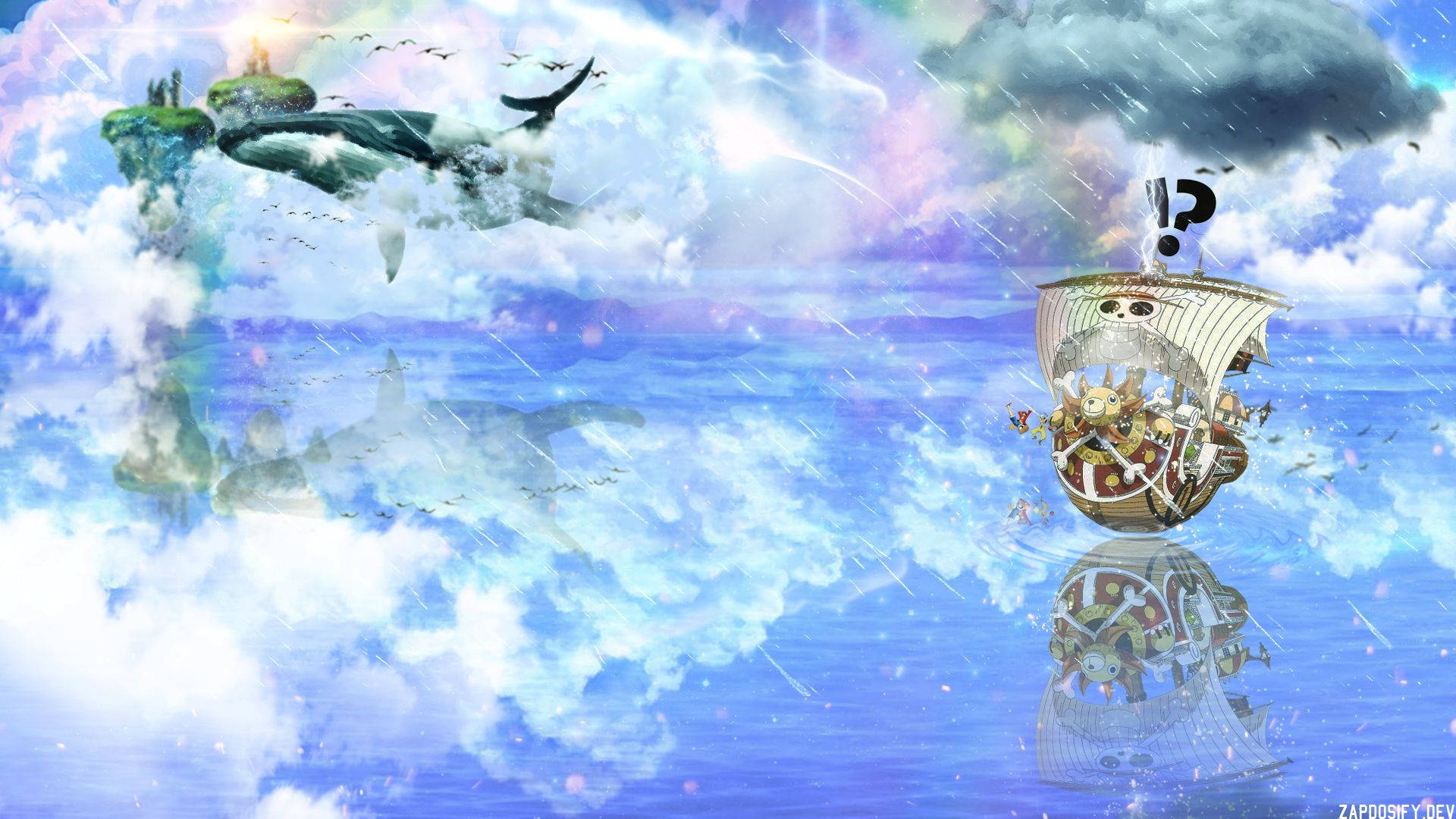 海賊王 桌布 壁紙 — 一艘奇幻的動畫船在暴風雨的天空中航行，遠處有浮島和彩虹雲。