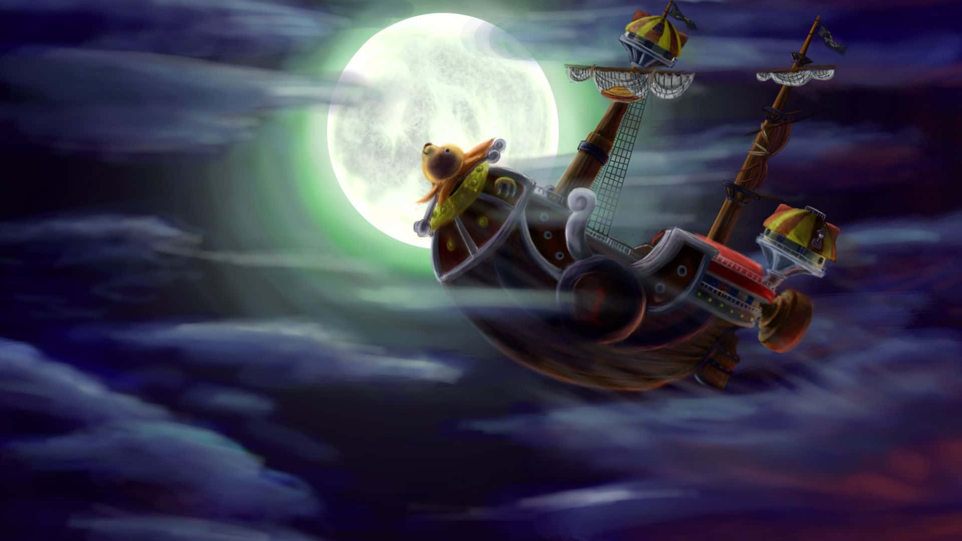 Going Merry 桌布 壁紙 — 一艘奇幻的海盜船在風雨交加的夜空下，於一輪明亮的滿月下航行。