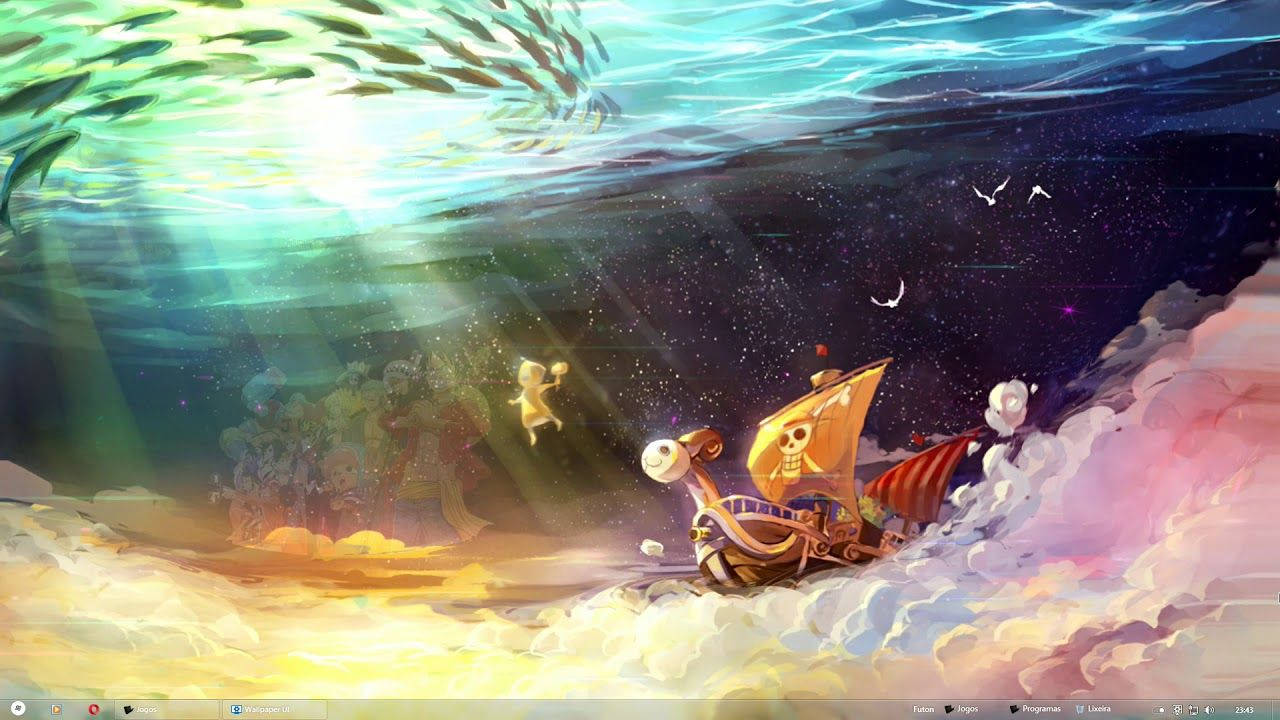 海盜船穿過雲層和水域，伴有魚類和陽光 — 船 GIF 壁紙