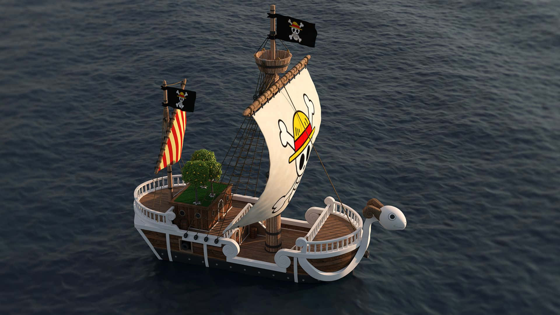 Going Merry 桌布 壁紙 — 一艘奇特的帆船，帶有巨大的草帽帆和骷髏旗，在平靜的深藍色水域上航行。