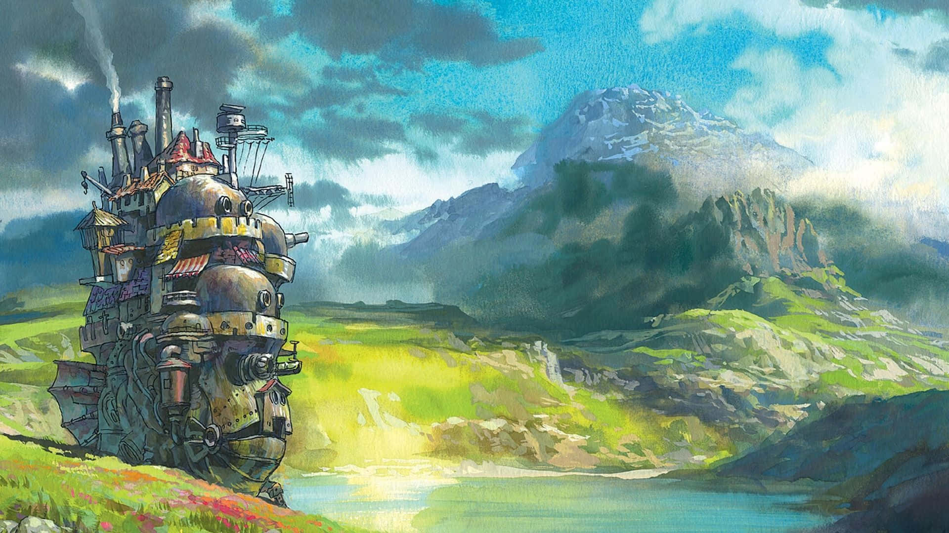 Aesthetic Ghibli 桌布 壁紙 — 一艘奇特的蒸氣龐克飛船停泊在湖邊的草地上，背景是雲層密佈的天空下積雪覆蓋的山脈。
