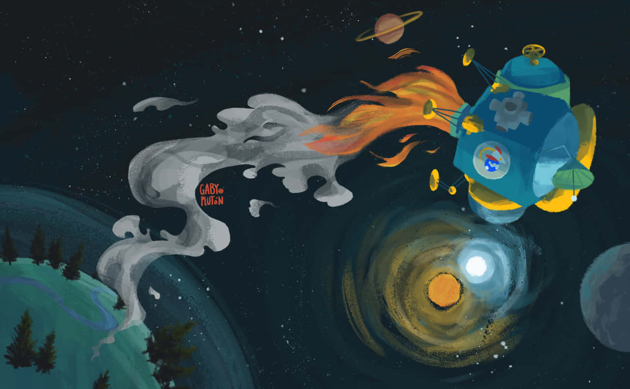 Game Art 桌布 壁紙 — 一艘奇特的藍色太空船帶著橙色火焰，在土星和發光星雲附近的星際宇宙中疾馳。