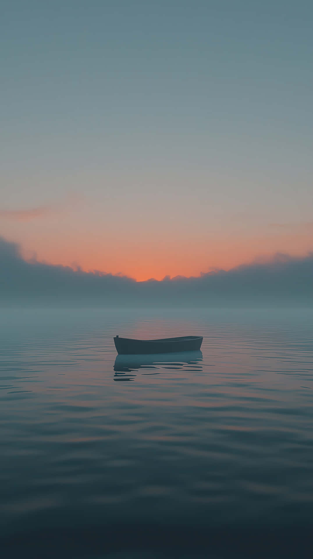 Solitary boat floating on a calm misty lake at sunrise 壁紙 — 一艘孤獨的划艇在平靜的水面上靜靜漂浮，上方是柔和漸變的天空，閃耀著夕陽的色彩。