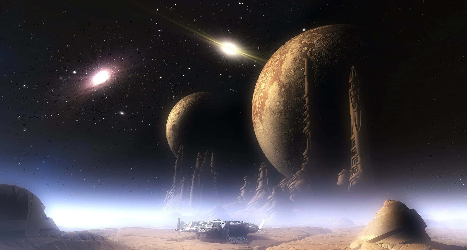 Deep 桌布 壁紙 — 一艘孤獨的太空船停泊在沙漠星球上，星空中有兩個巨大的月亮和發光的天體。