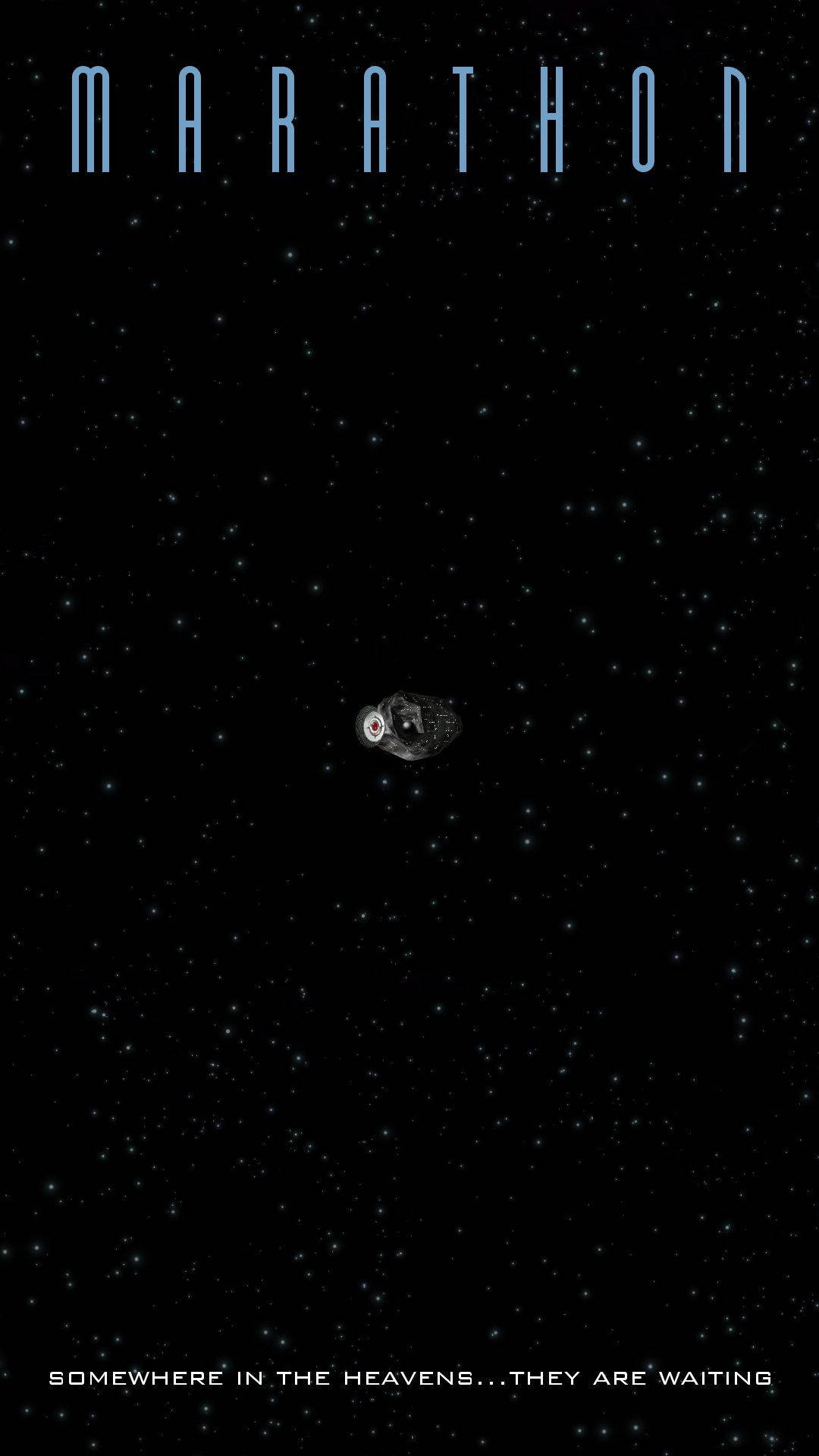 Marathon 桌布 壁紙 — 一艘孤獨的太空船在星空中漂流，標題為 marathon，下方有不祥的文字。