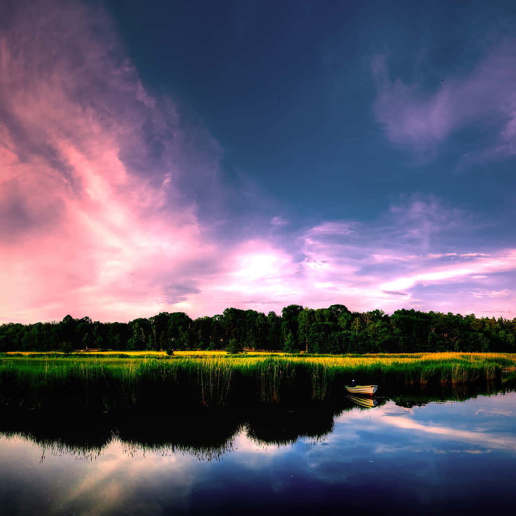 Beautiful Sky 桌布 壁紙 — 一艘孤獨的小船停泊在平靜的水面上，倒映著茂密森林上空充滿活力的粉紅色和紫色日落天空。