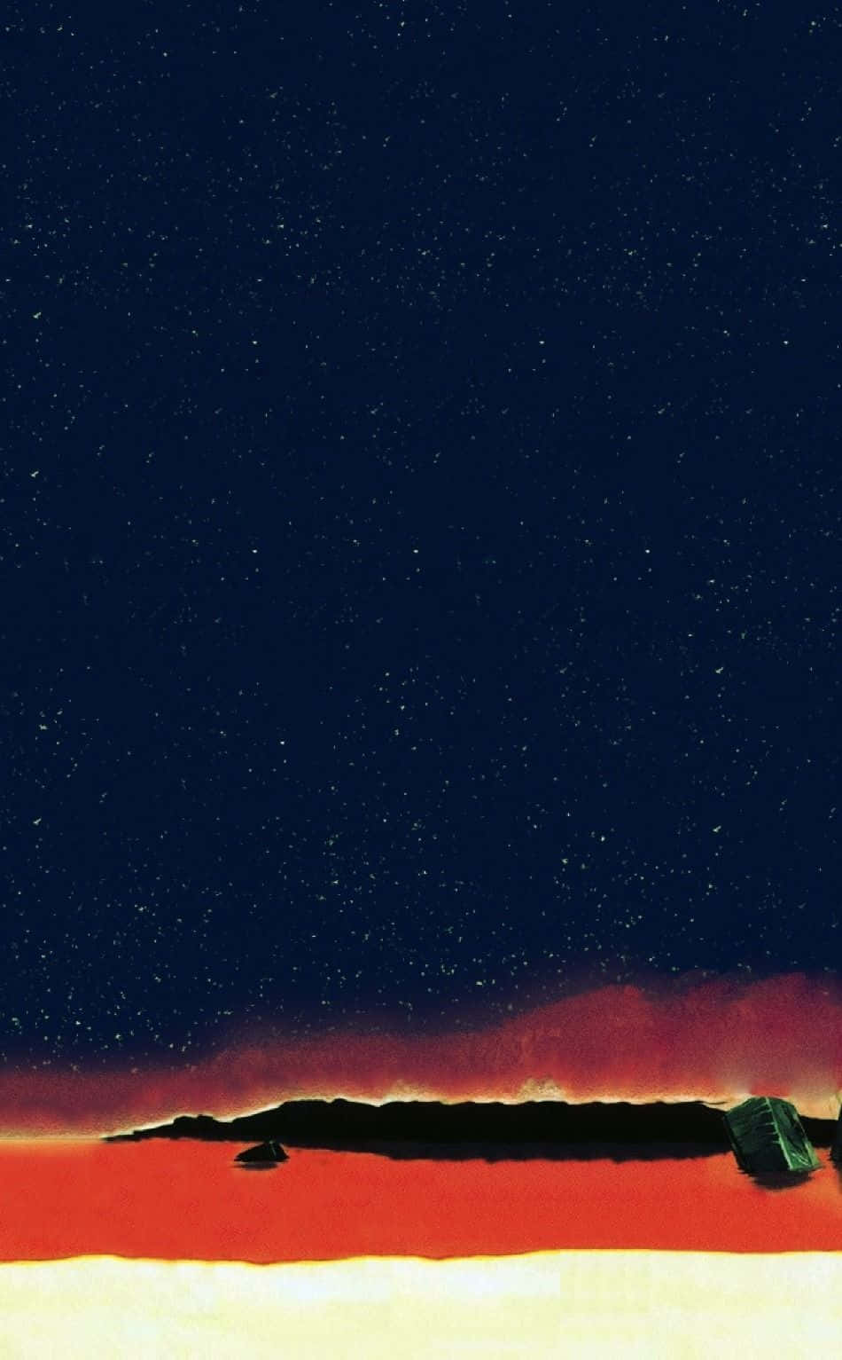 桌布 壁紙 — 一艘孤獨的小船停泊在廣闊星空下泛著紅光的地平線上。