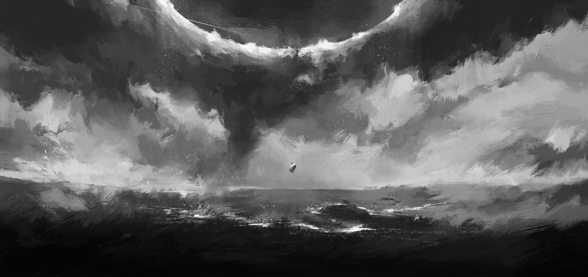 Omniscient 桌布 壁紙 — 一艘孤獨的小船在廣闊、洶湧、充滿旋轉風暴雲的單色天空下漂流。