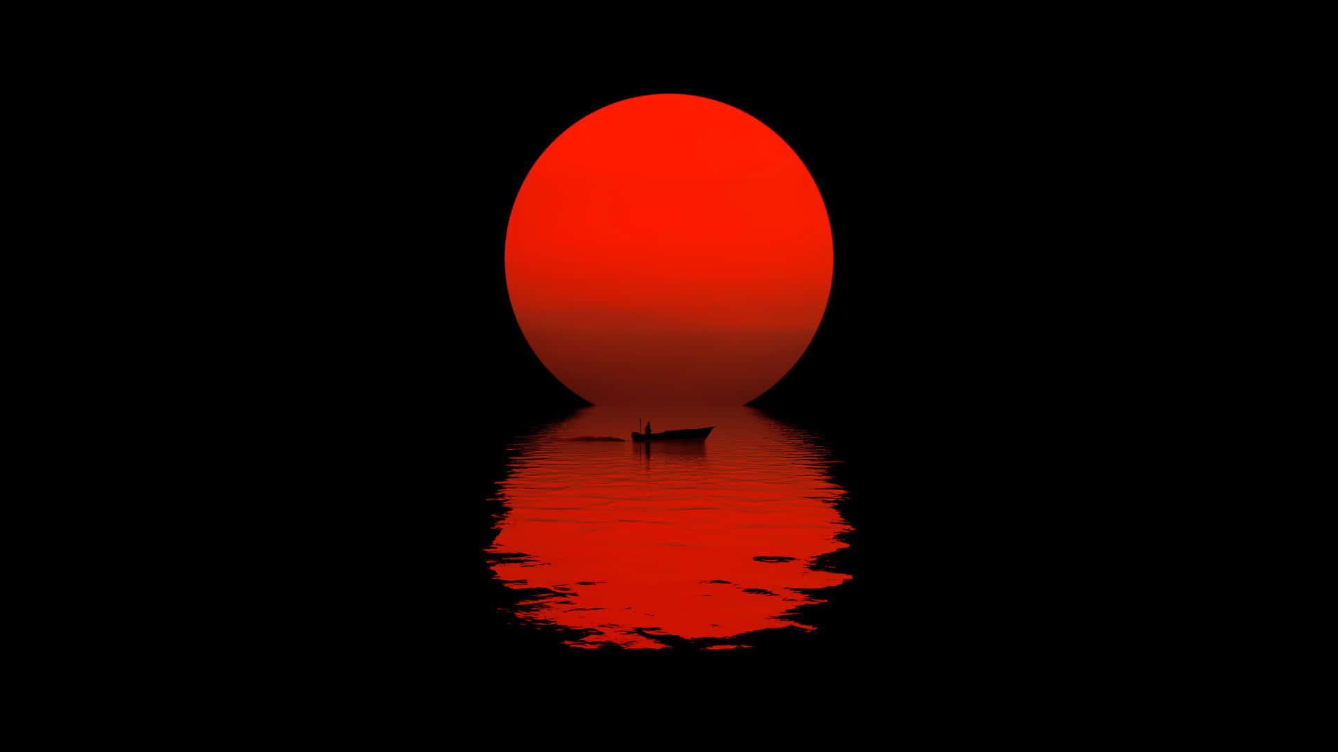 HD Amoled 桌布 壁紙 — 一艘孤獨的小船漂浮在平靜的水面上，上方是一輪巨大的、散發著熾熱光芒的紅色太陽，倒映出火紅的波光。