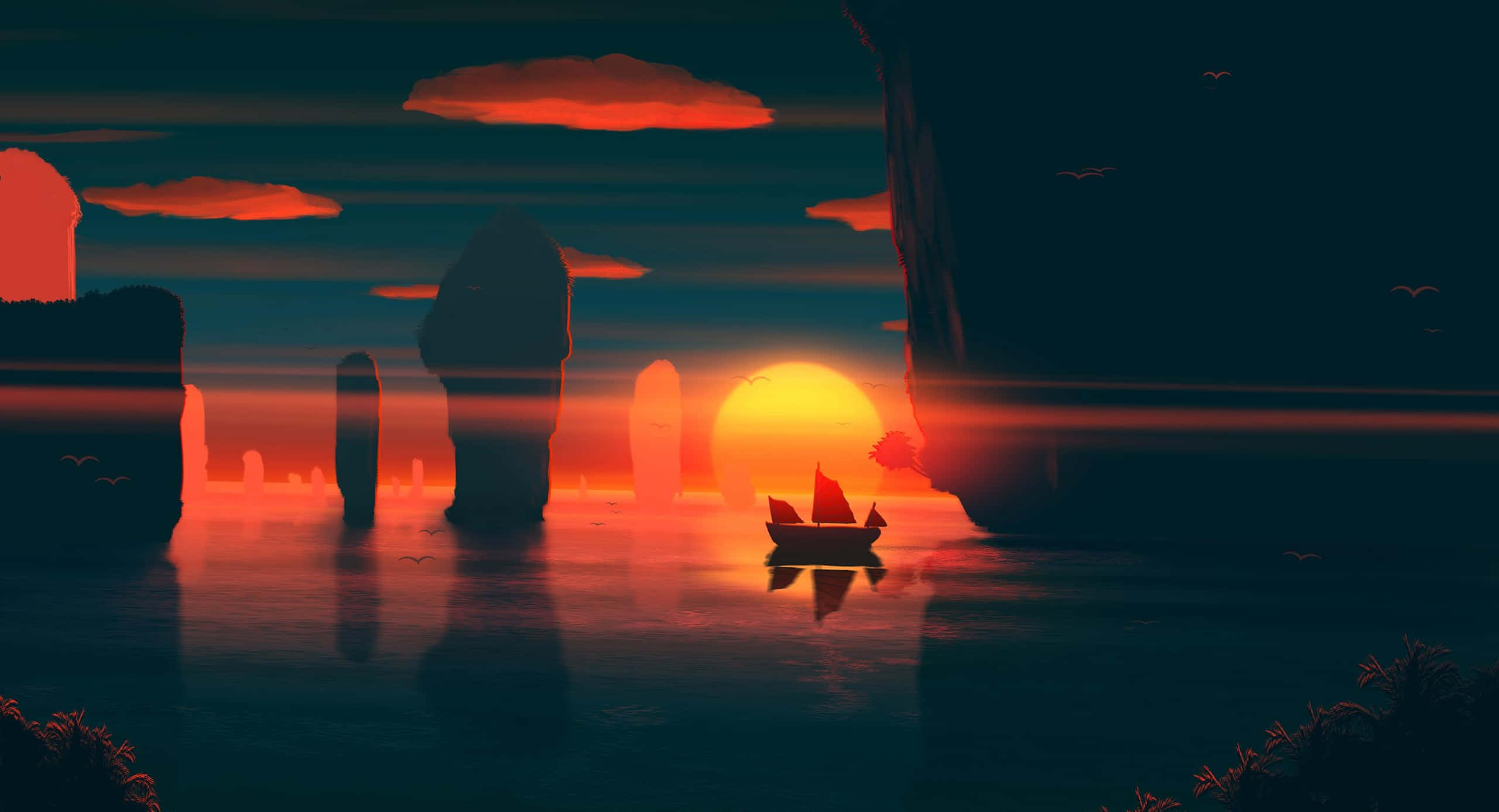 Calm Aesthetic Desktop 桌布 壁紙 — 一艘孤獨的帆船在日落時分滑過平靜的水面，被高聳的岩石 formations 和發光的橙色雲彩框住。