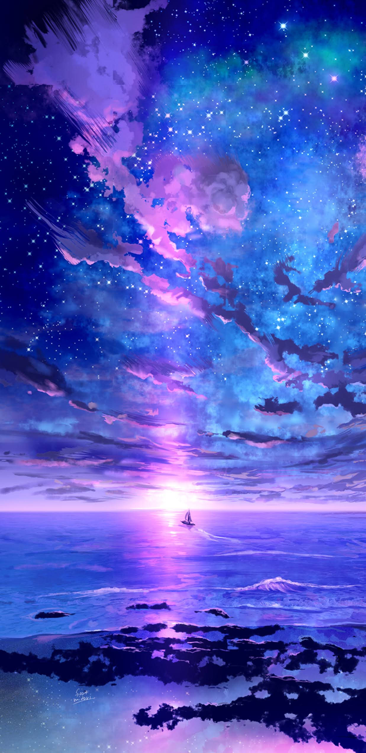 夕陽天空 桌布 壁紙 — 一艘孤獨的帆船在發光的紫色海洋上滑行，下方是充滿宇宙雲層的 vibrant 星空。