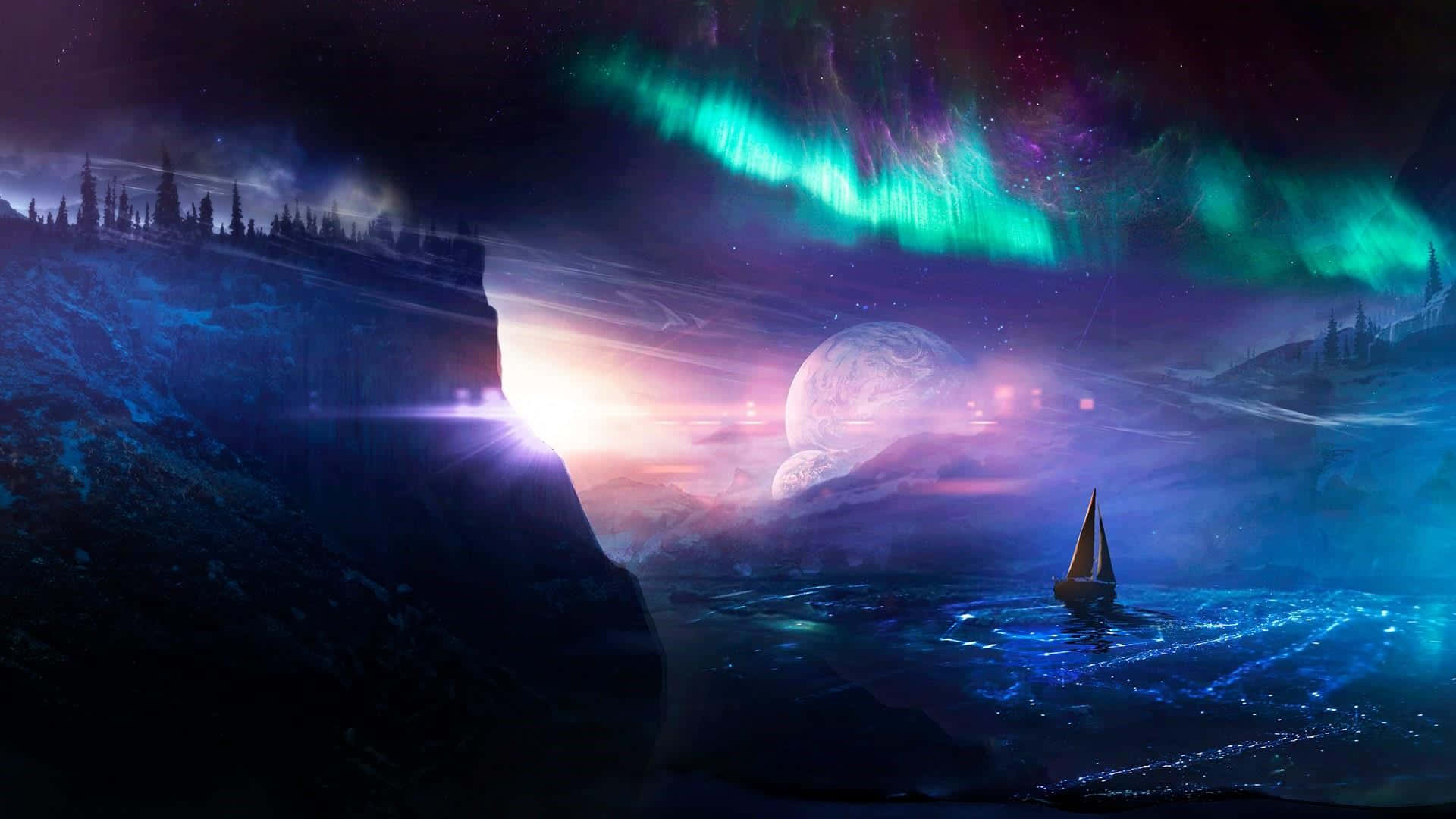 Aurora 桌布 壁紙 — 一艘孤獨的帆船在發光的藍色水面上漂流，上方是充滿活力的綠色極光和漂浮的月亮，構成超現實的外星景觀。
