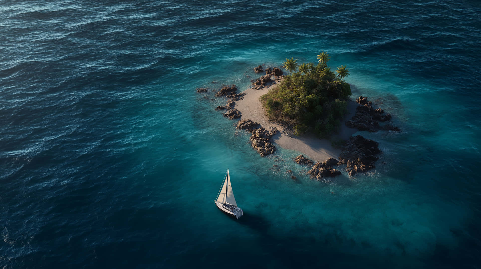 Tropical Paradise Island with Offshore Sailboat 壁紙 — 一艘孤獨的帆船滑向一個僻靜的熱帶小島，島上有棕櫚樹和岩石海岸，周圍是深藍色的海洋。