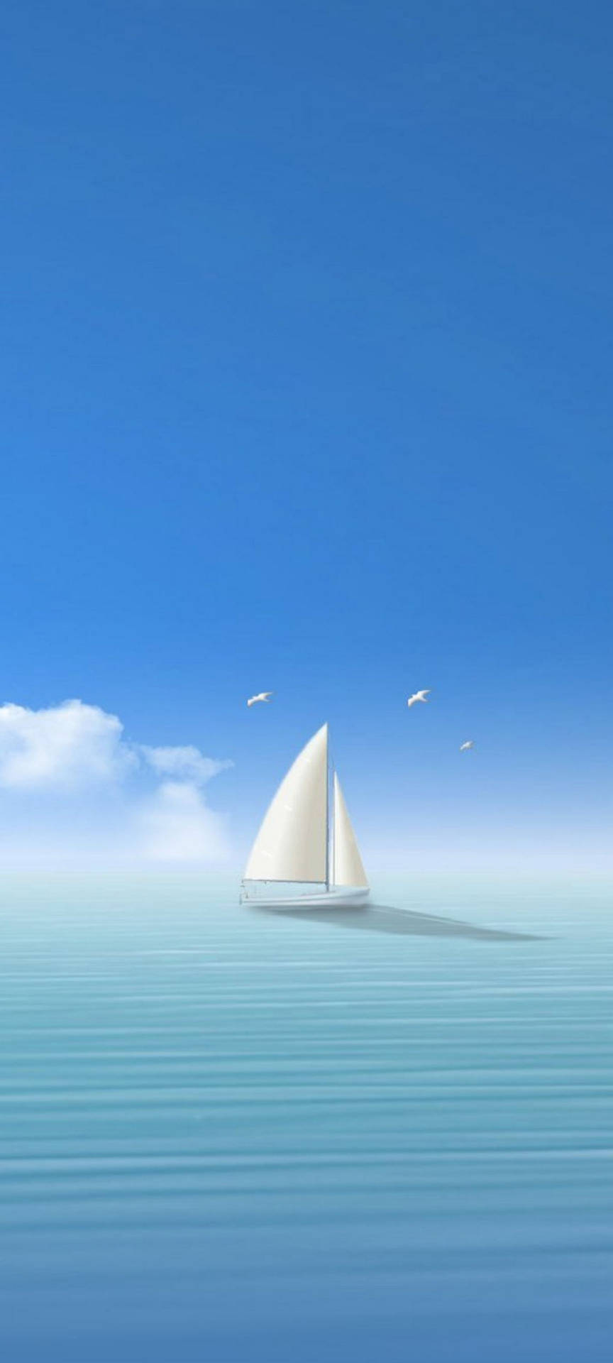 帆船在平靜的海面上，藍天白雲，鳥兒飛翔 — 三星 S21 Ultra 壁紙