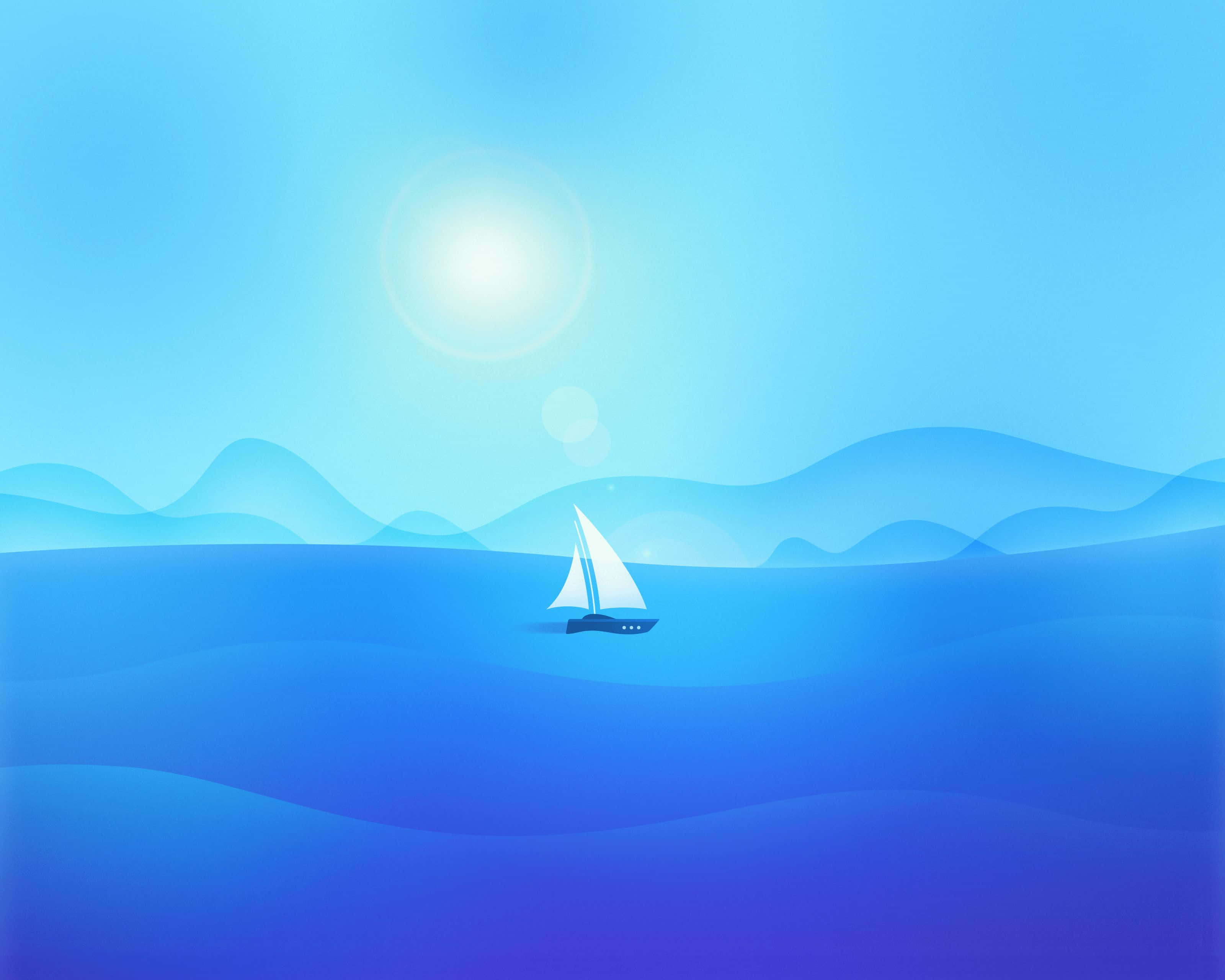 Minimalist Ocean 桌布 壁紙 — 一艘孤獨的白色帆船在平靜的藍色水面上滑行，陽光明媚，遠方有柔和漸變的山丘。