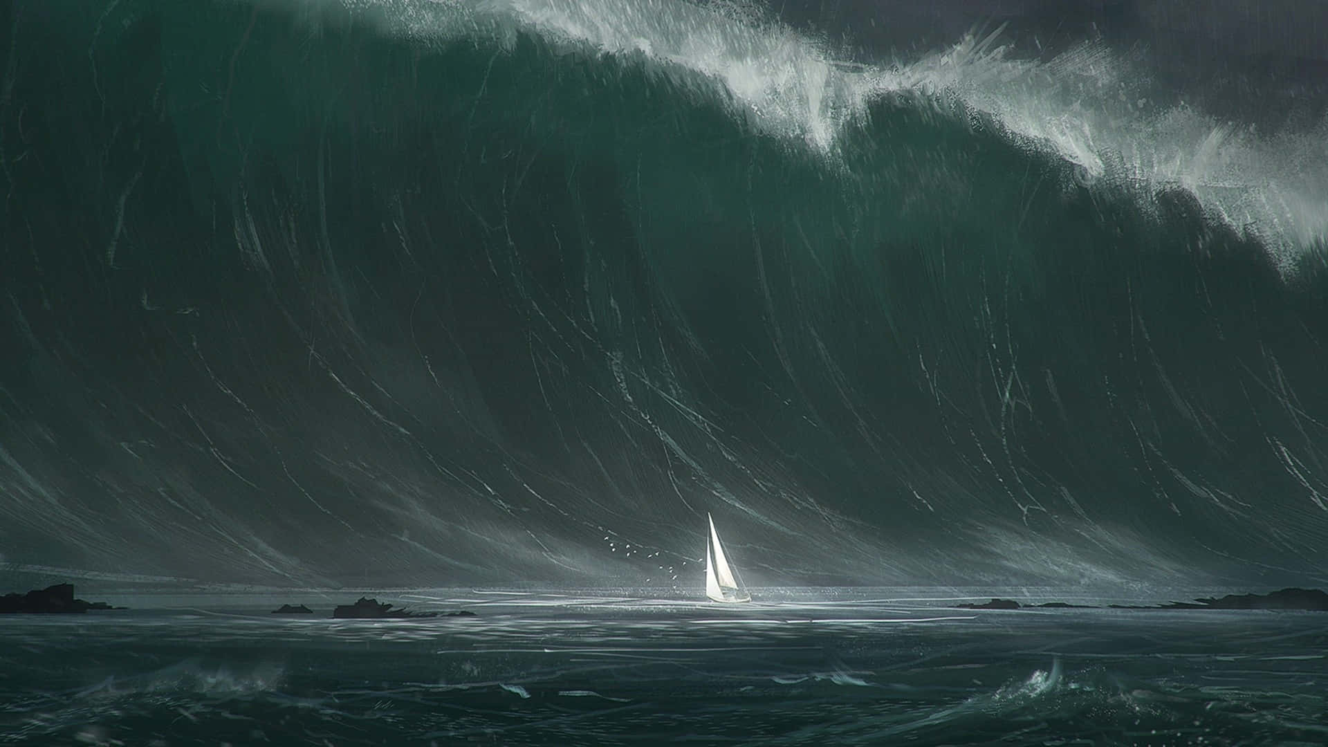 Tides 桌布 壁紙 — 一艘孤獨的白色帆船在暴風雨中，於巨大的深綠色海嘯波浪下奮戰。