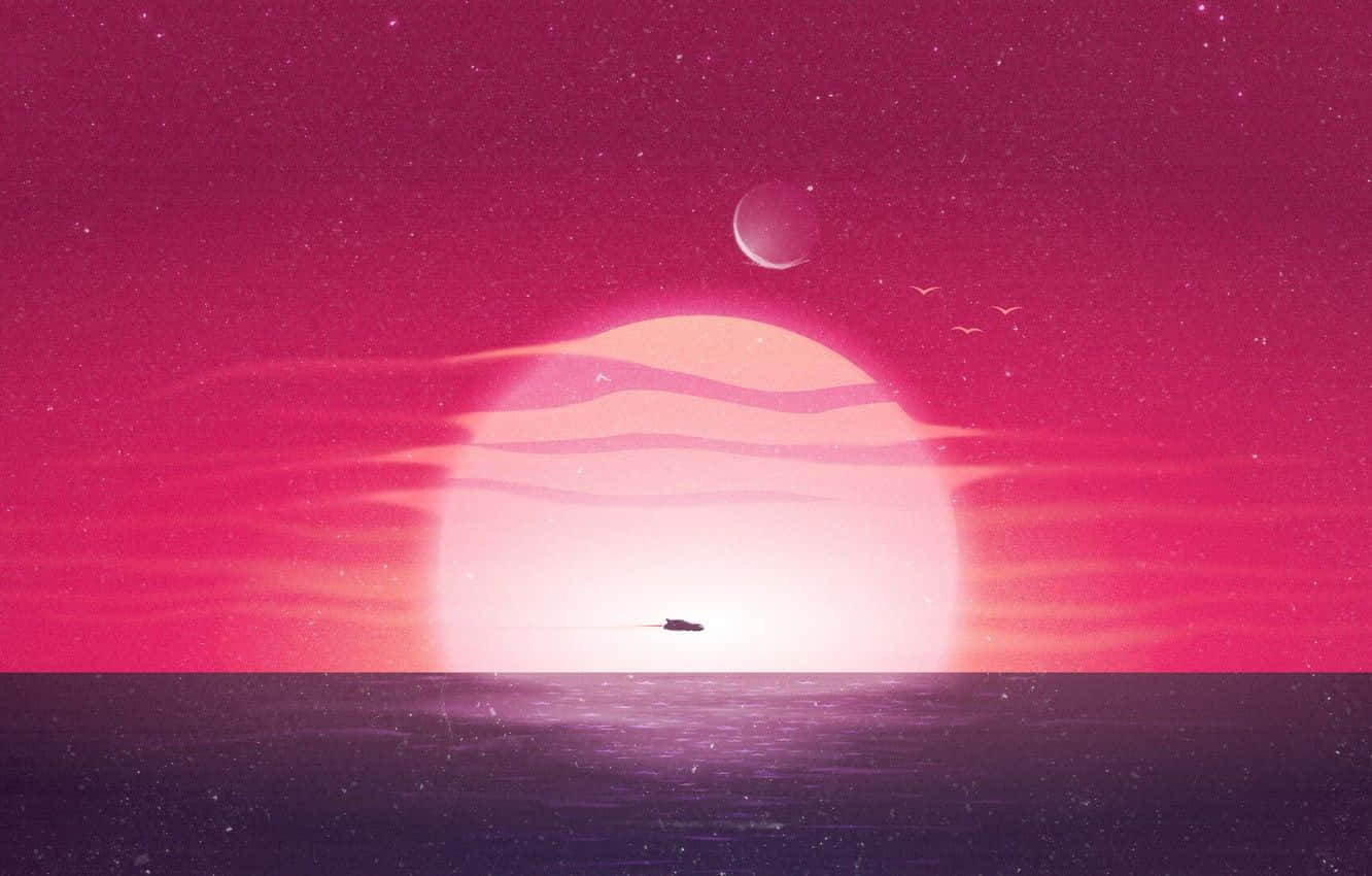 背景 桌布 壁紙 — 一艘孤獨的船在繁星點點的紫色海洋上航行，下方是巨大的粉紅色太陽和新月。