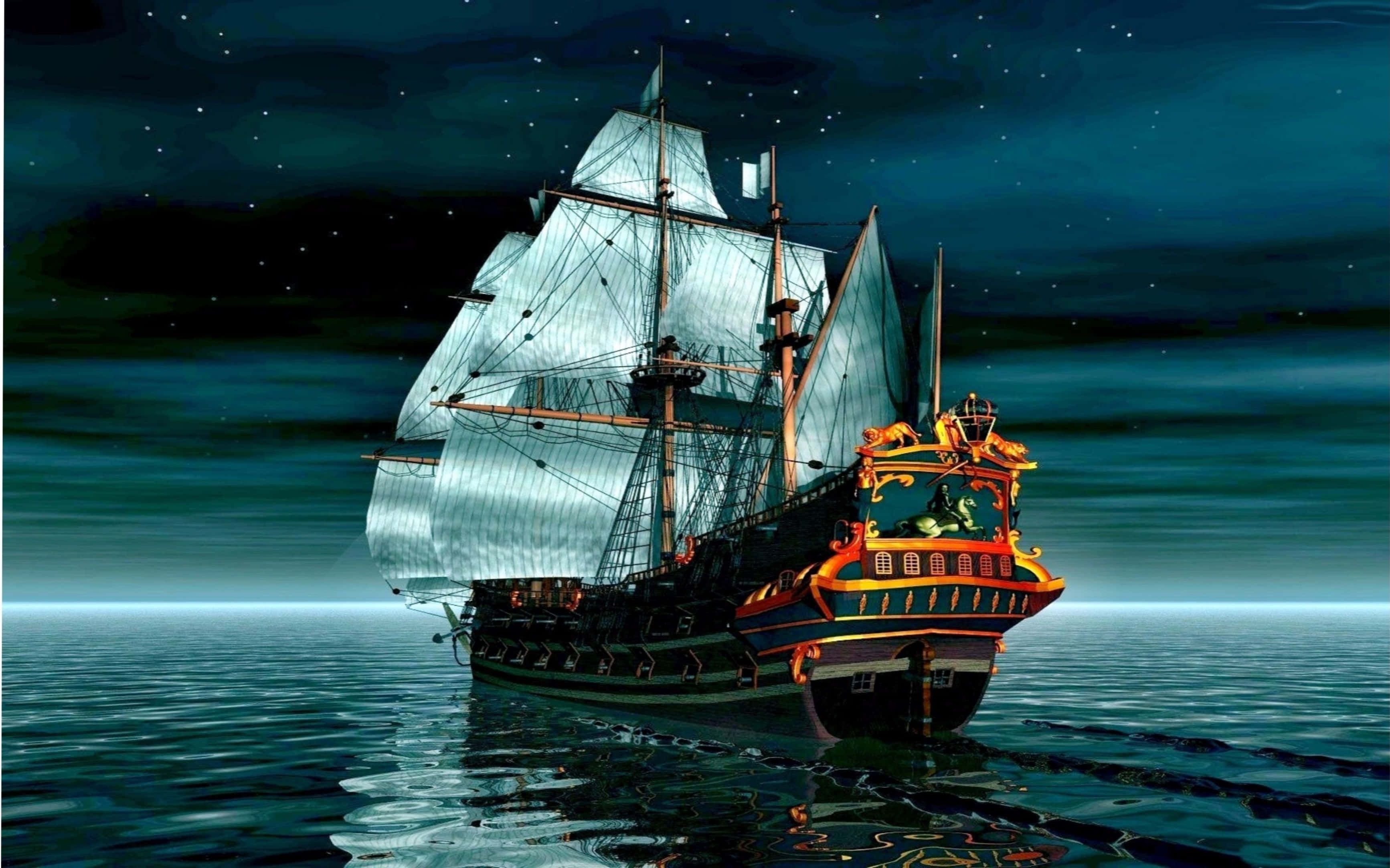 海盜 桌布 壁紙 — 一艘宏偉的帆船在繁星點點的夜空下航行，閃耀的帆和華麗的金色船頭劃過平靜的藍綠色海水。