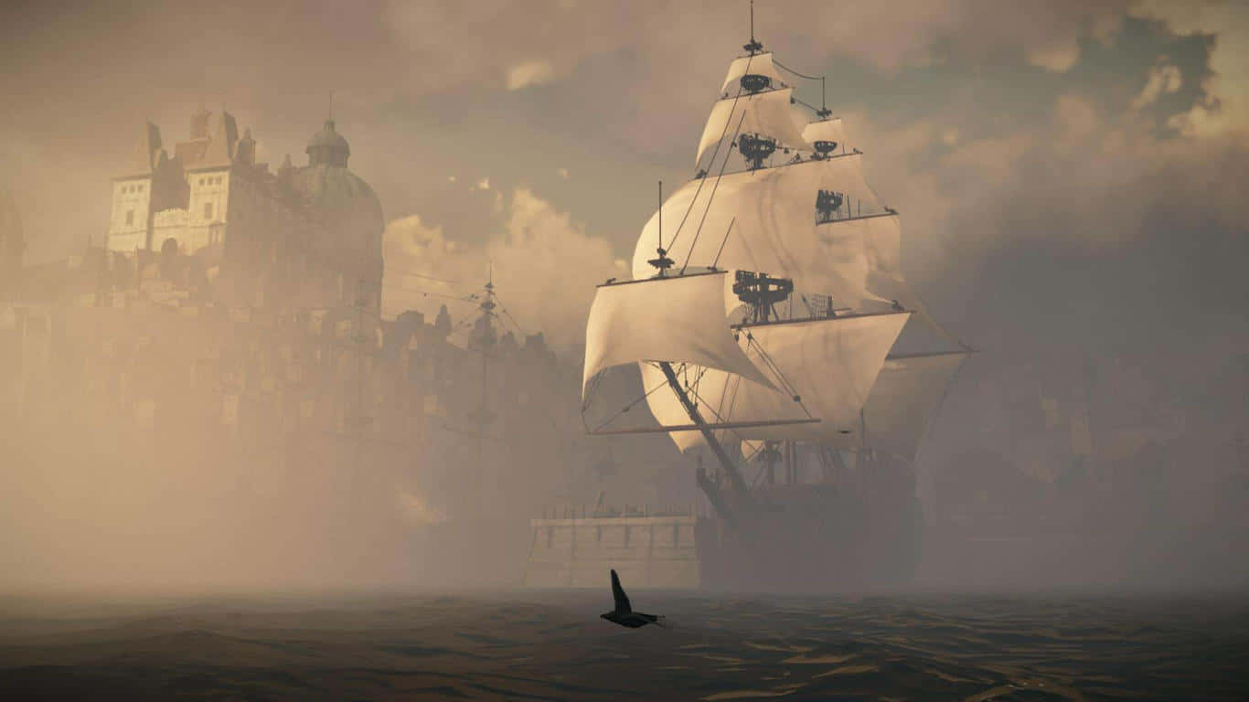 1366x768 Greedfall 桌布 壁紙 — 一艘宏偉的帆船在霧氣瀰漫的海上航行，朝向遠方懸崖上的一座城堡，天空多雲。