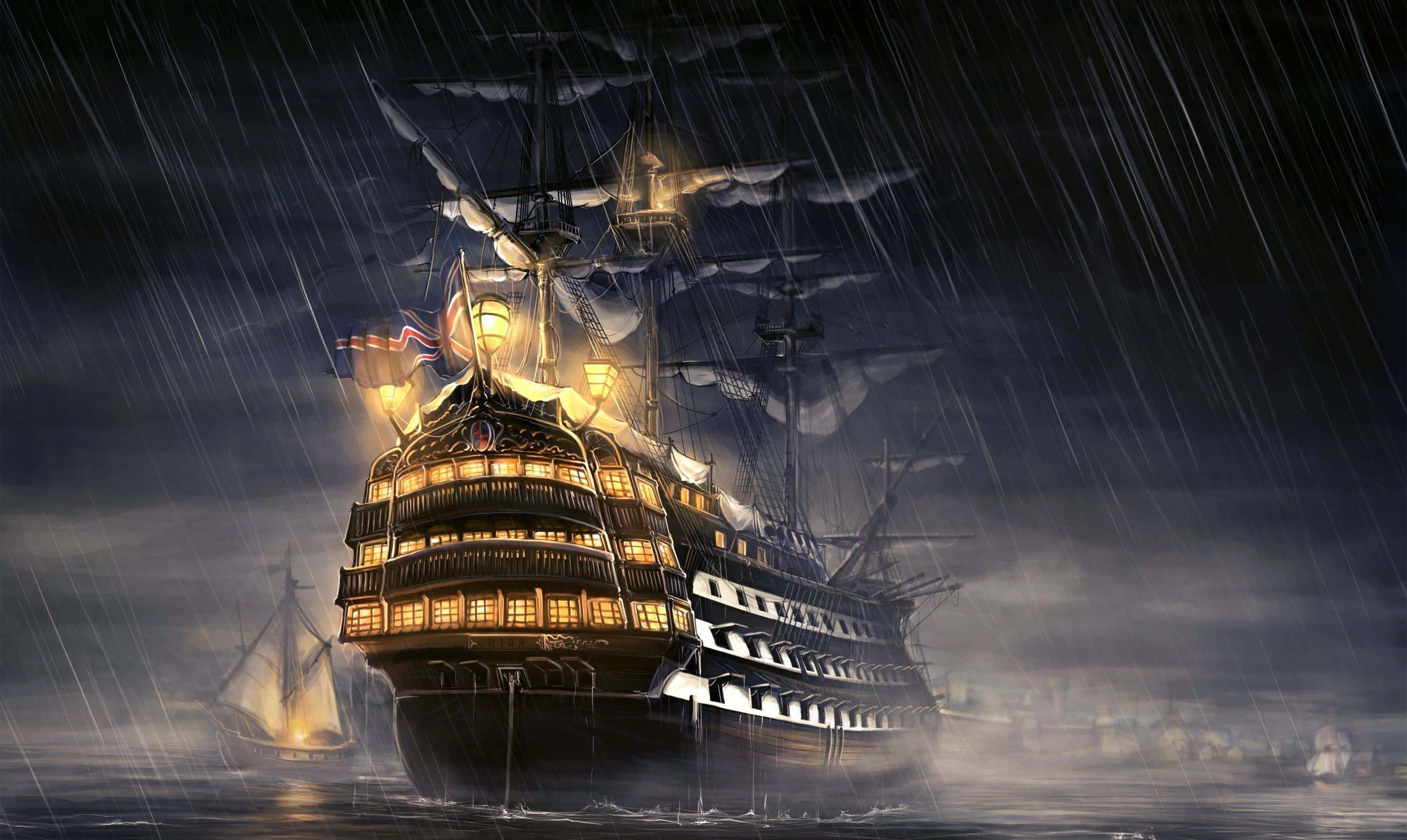 Pirates Of The Caribbean 桌布 壁紙 — 一艘宏偉的歷史船隻在暴風雨的夜海中航行，發光的窗戶穿透黑暗的雨水和霧氣。