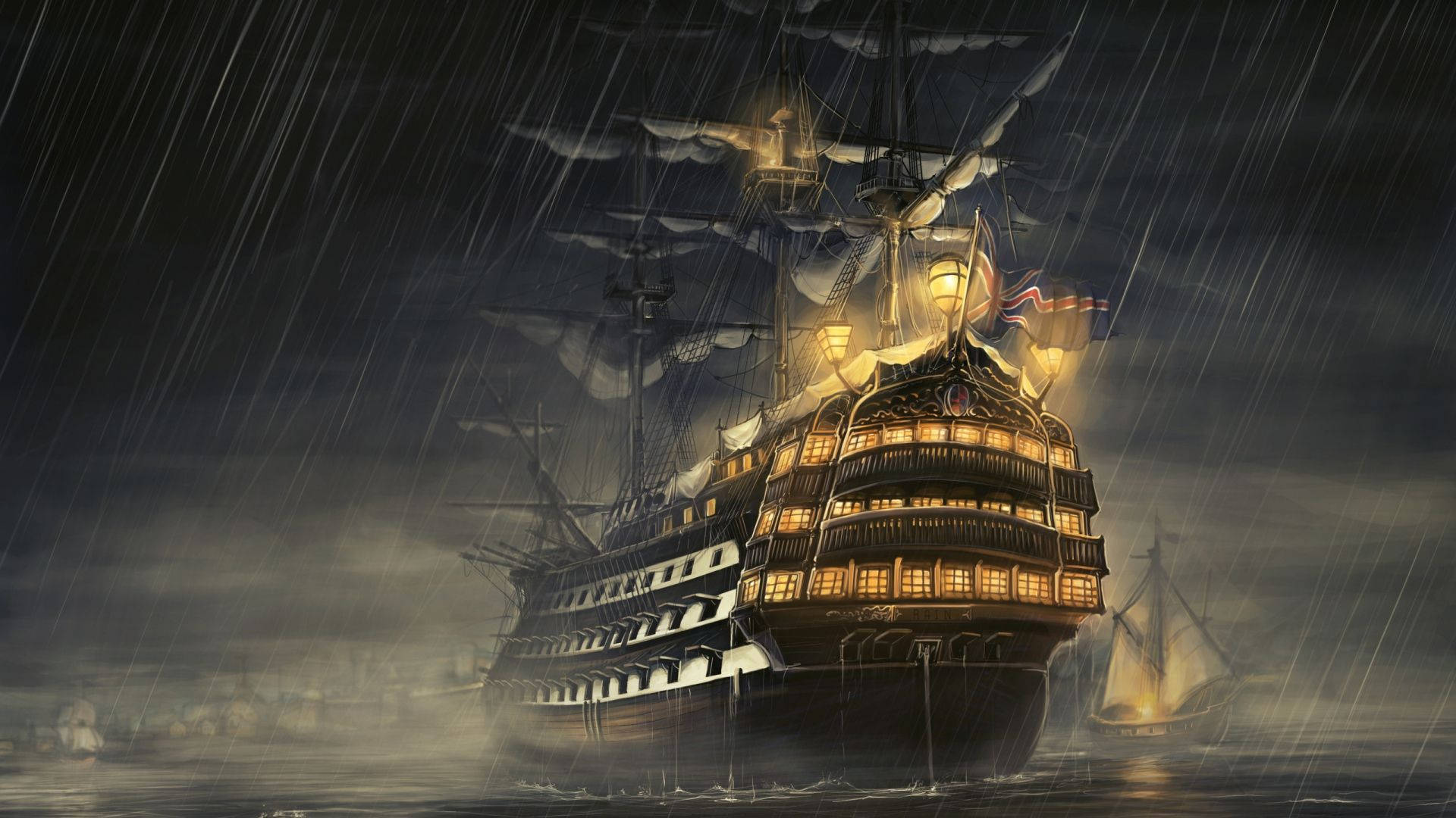 Animated 桌布 壁紙 — 一艘宏偉的歷史船隻在暴風雨的夜海中航行，溫暖的燈光從窗戶中閃耀，映照著黑暗的雨幕天空。