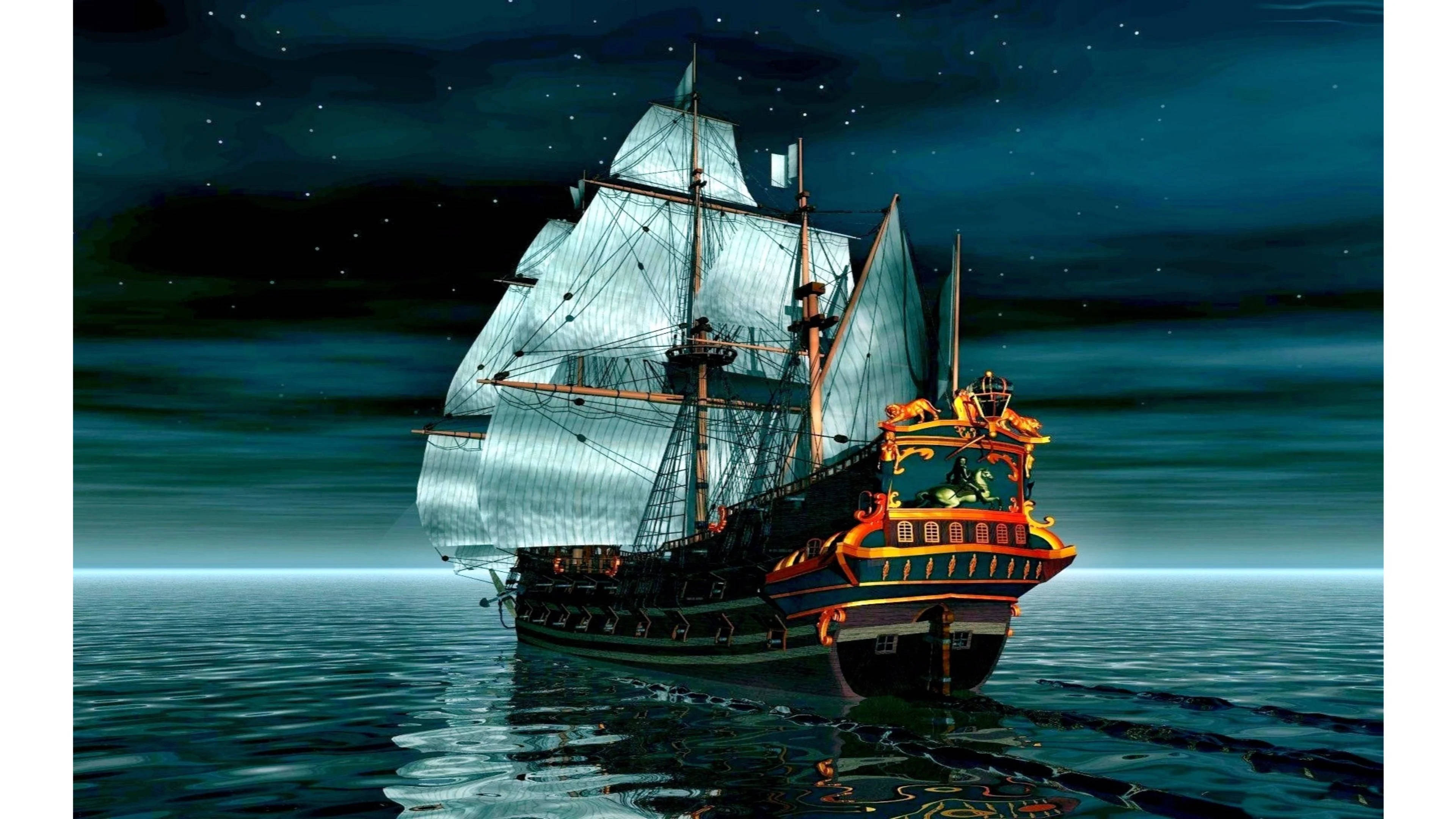 海盜 桌布 壁紙 — 一艘宏偉的海盜船在繁星點點的夜空下航行，發光的船帆和華麗的金色細節倒映在平靜的藍綠色海面上。