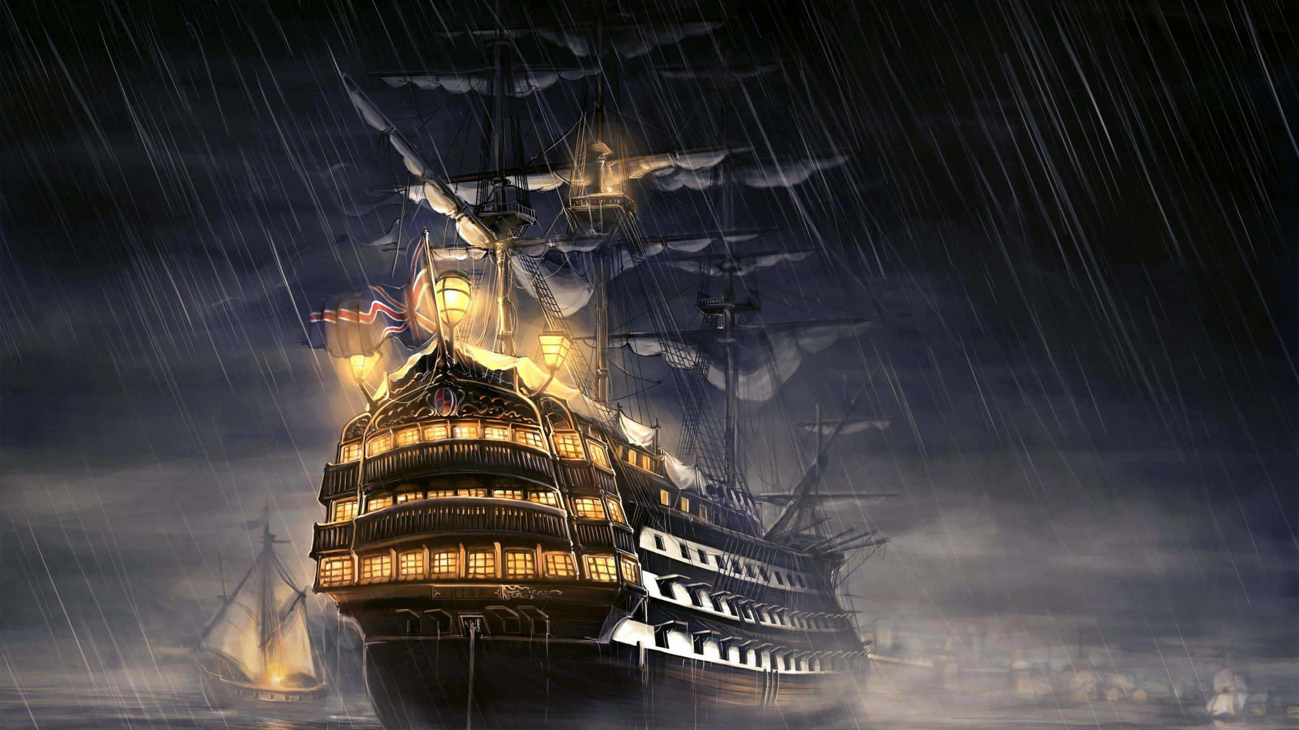 海盜船 桌布 壁紙 — 一艘宏偉的發光帆船在暴風雨之夜中奮戰，雨水劃破黑暗的天空和發光的窗戶。