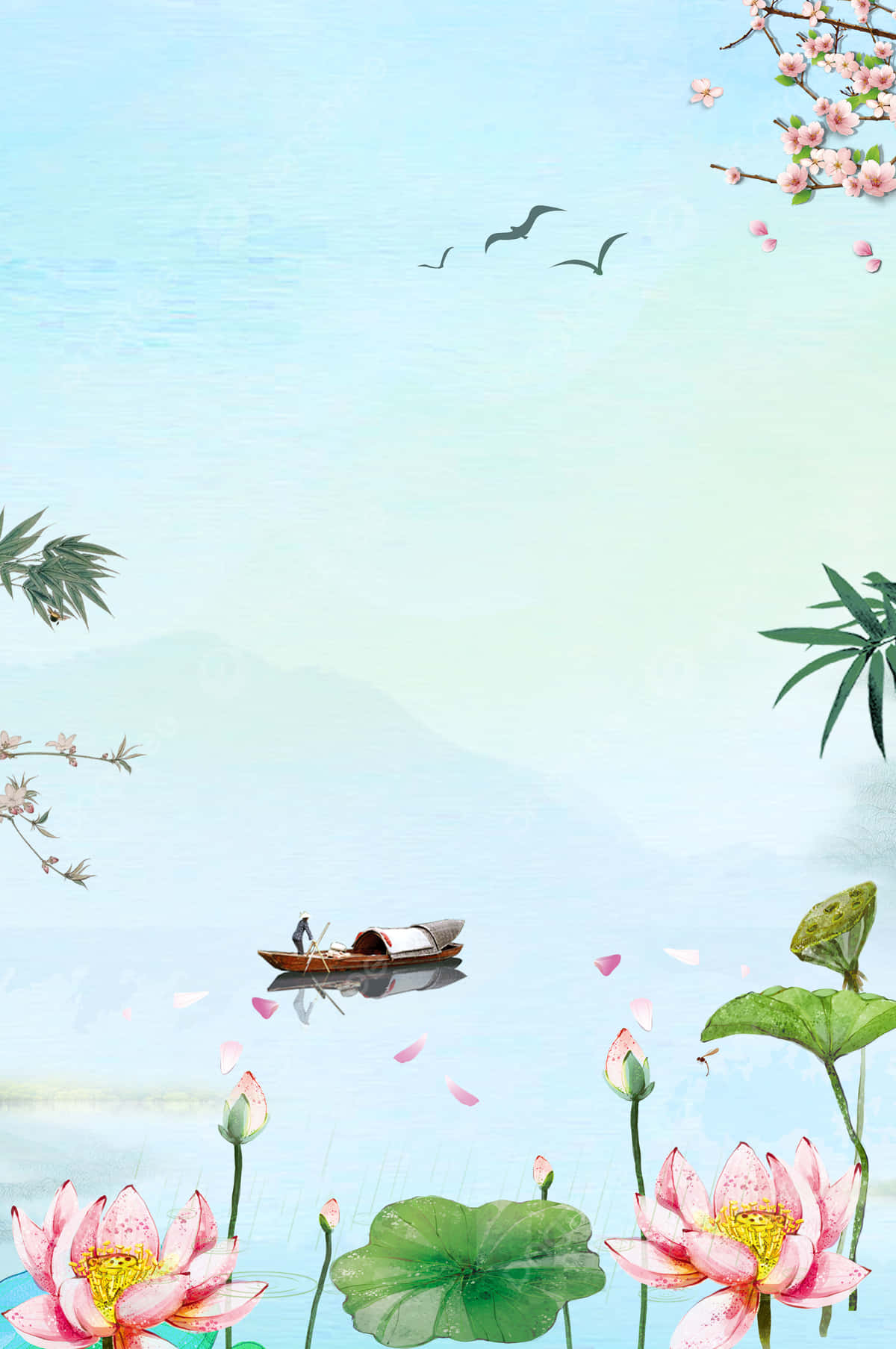 lotus 桌布 壁紙 — 一艘寧靜的小船在霧氣瀰漫的湖面上滑行，周圍是盛開的粉紅蓮花和櫻花，天空柔和湛藍。