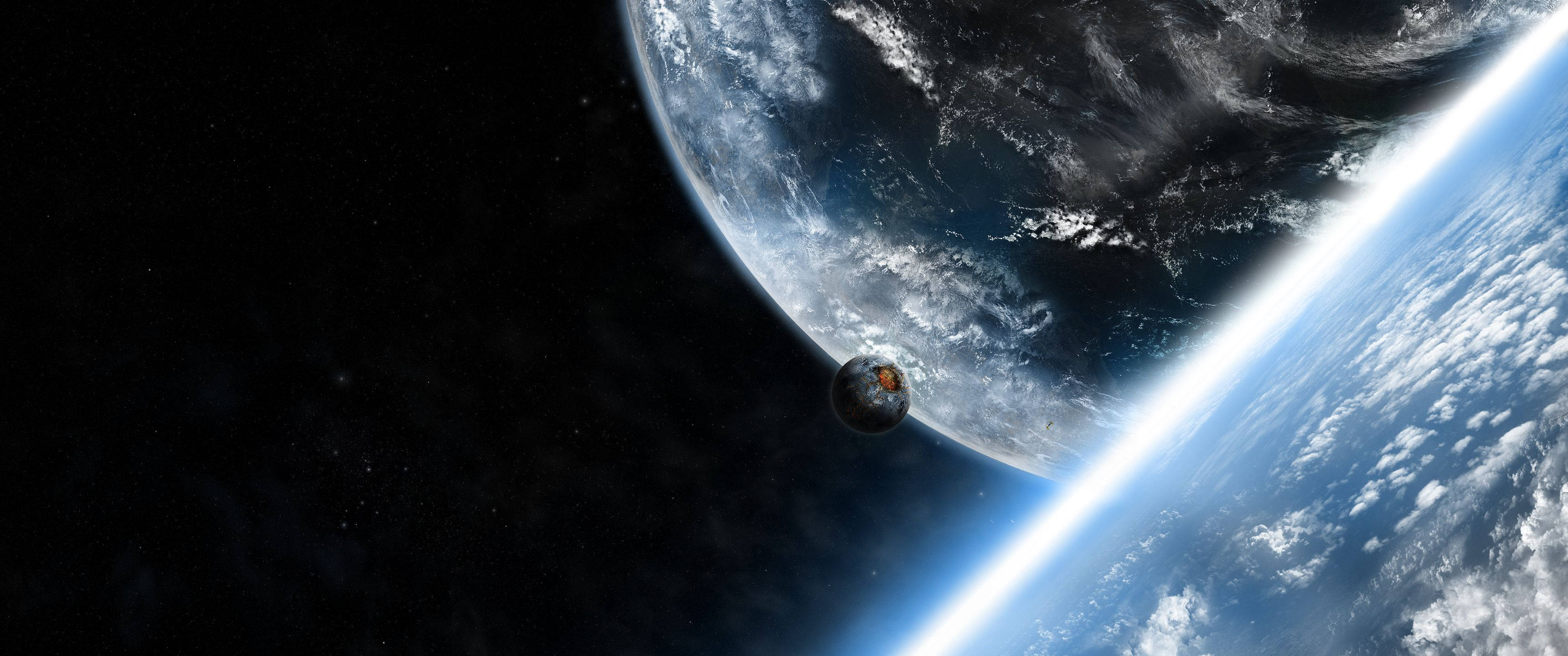 行星動畫 桌布 壁紙 — 一艘小型太空船在廣闊的黑色太空背景下，掠過地球彎曲的地平線。