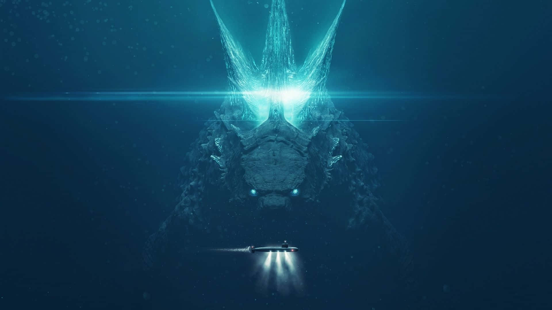 Godzilla Art 桌布 壁紙 — 一艘小型潛艇在深海黑暗中照亮了一個巨大的發光外星生物。
